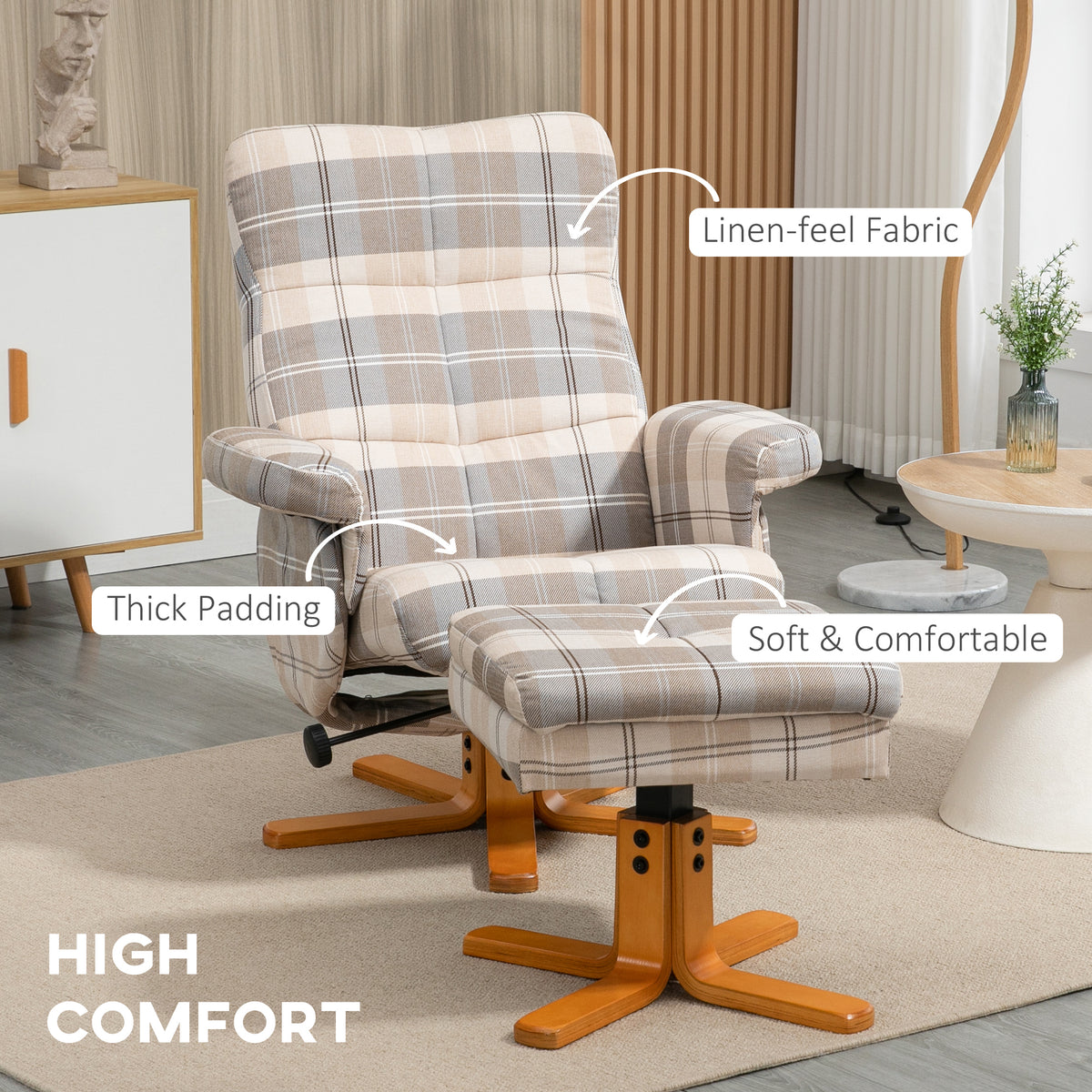 HOMCOM padded plaid recliner with extended footstool and wooden bases
