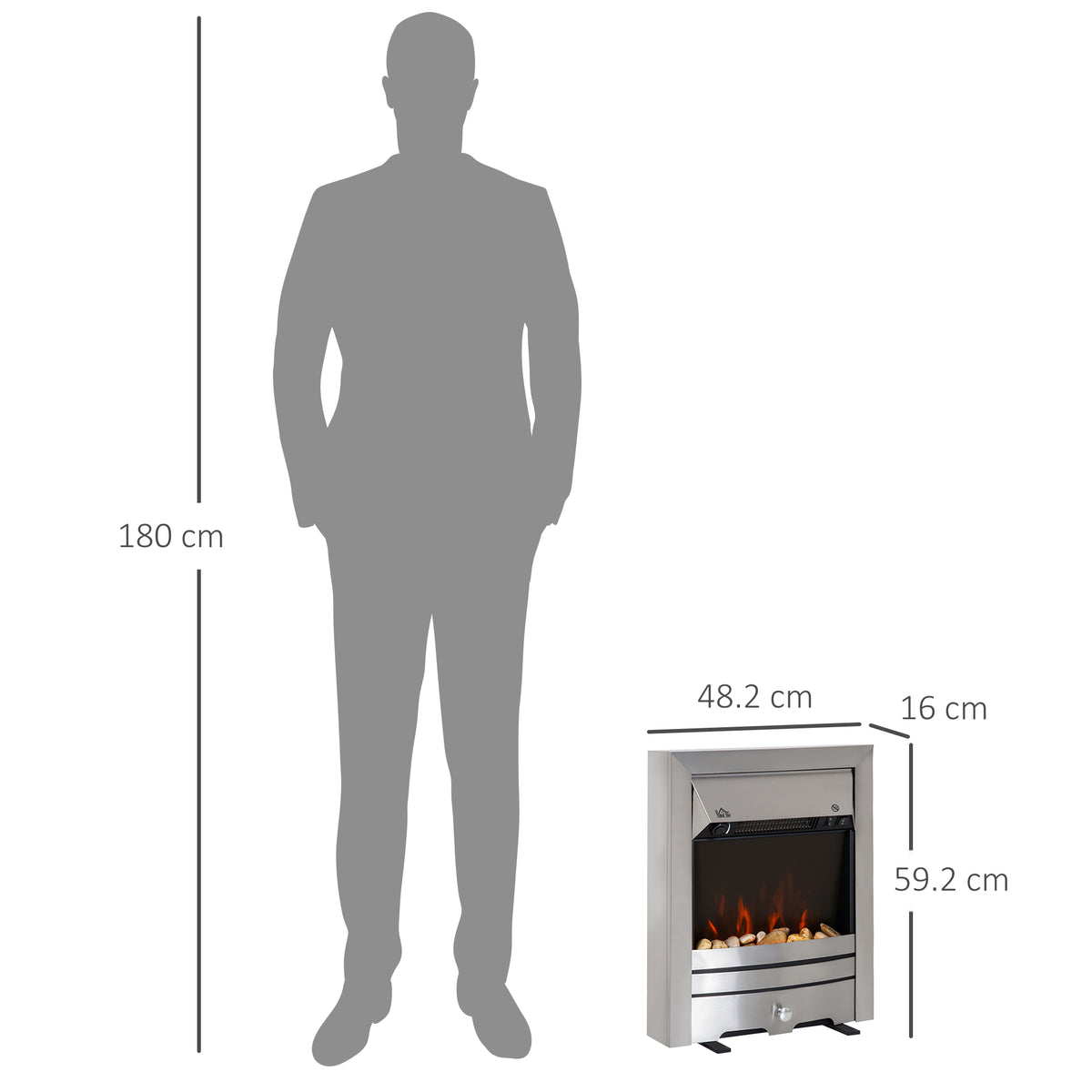 Stainless steel electric fireplace heater with flame effect, shown with dimensions of 48.2 × 16 × 59.2 cm