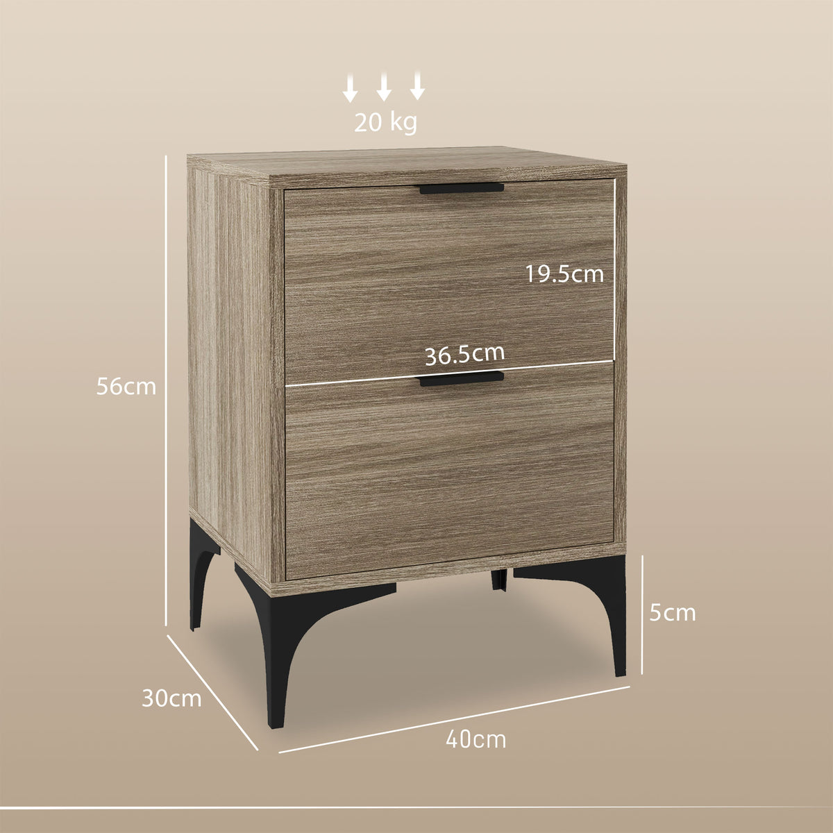 Wood-effect bedside table with two drawers, black legs, and 40 by 30 by 56 cm dimensions