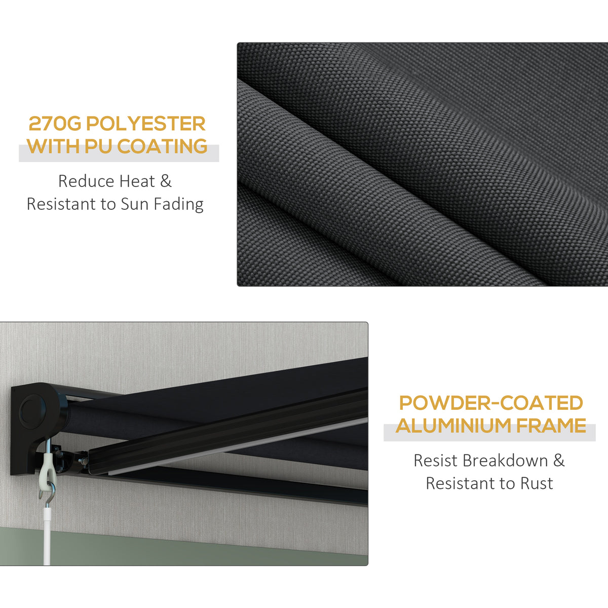 Close-up of textured grey polyester awning fabric and powder-coated aluminum frame
