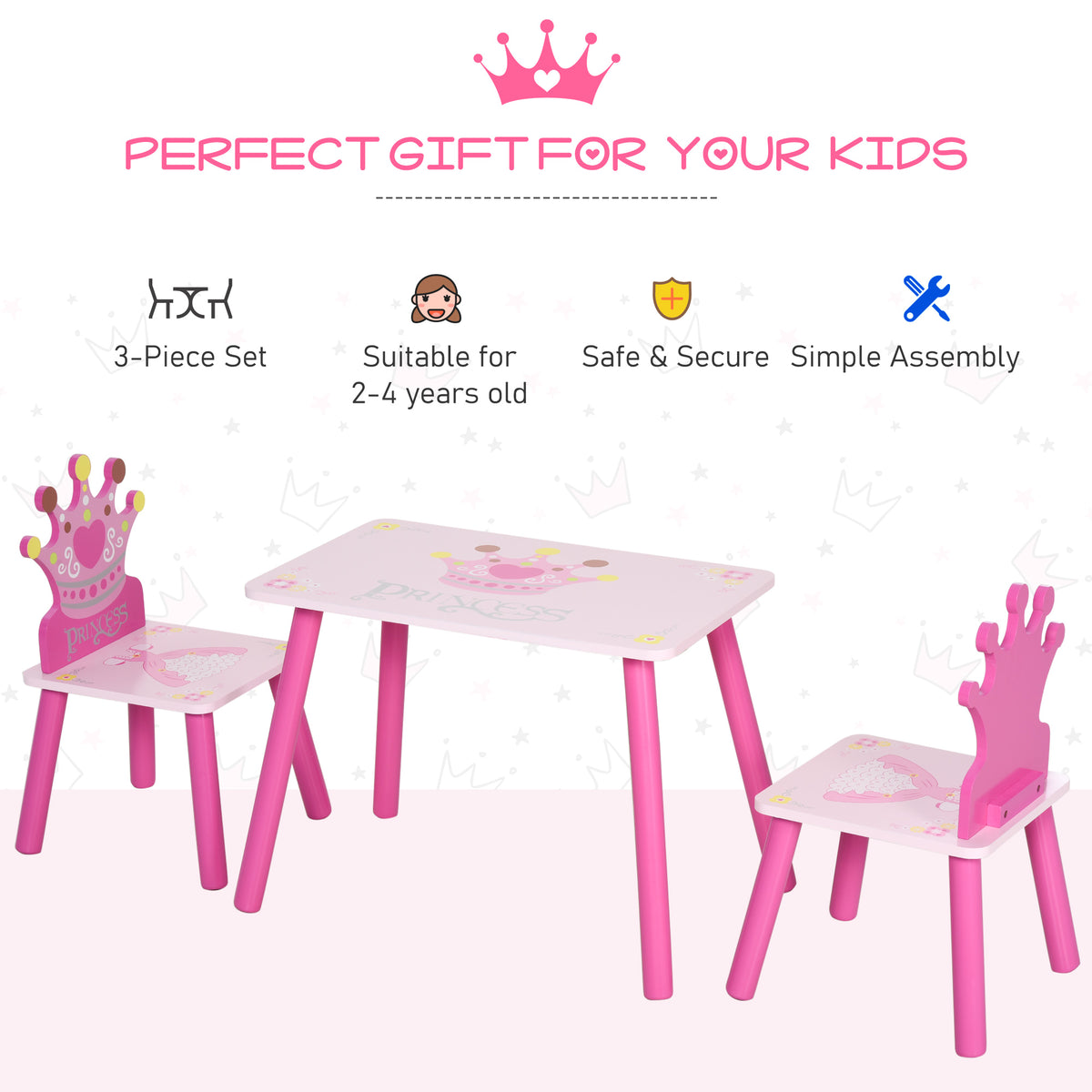 Three-piece pink children's table and chair set with crown backs