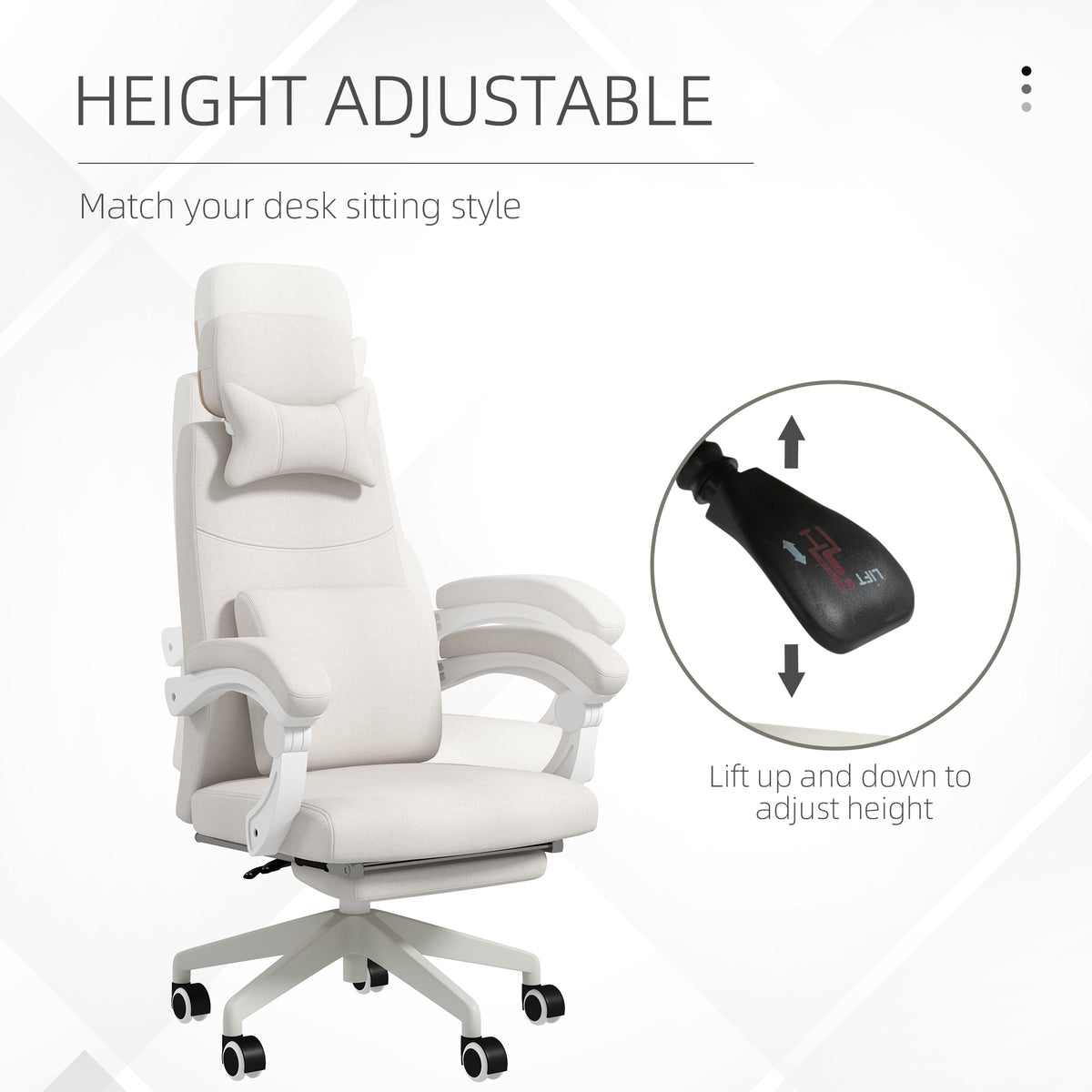 White adjustable office chair with padded headrest, lumbar cushion and wheeled base