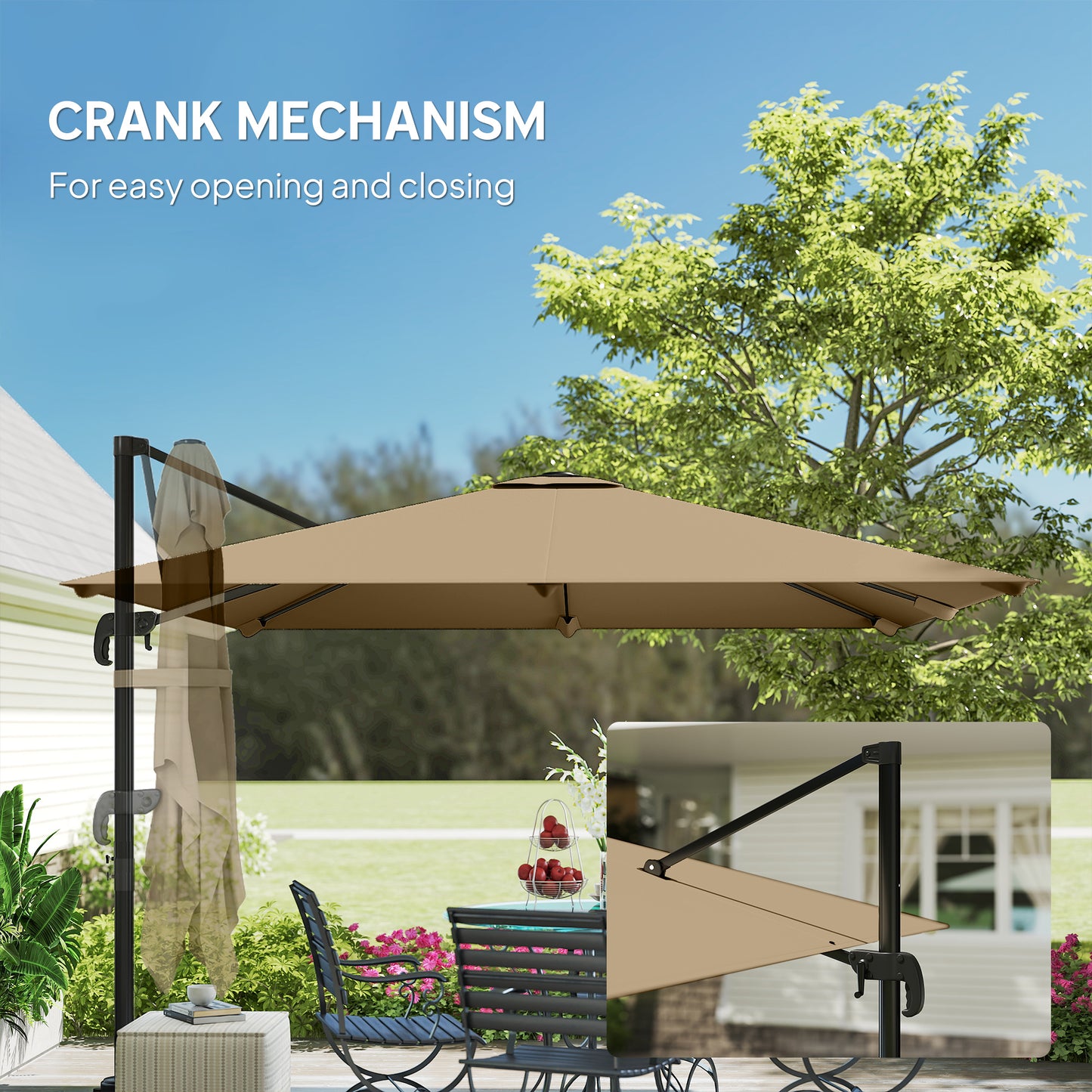 Outsunny 3 x 3 m Cantilever Parasol, Square Patio Umbrella with Crank Handle, Cross Base, Tilt, 360° Rotation, Khaki