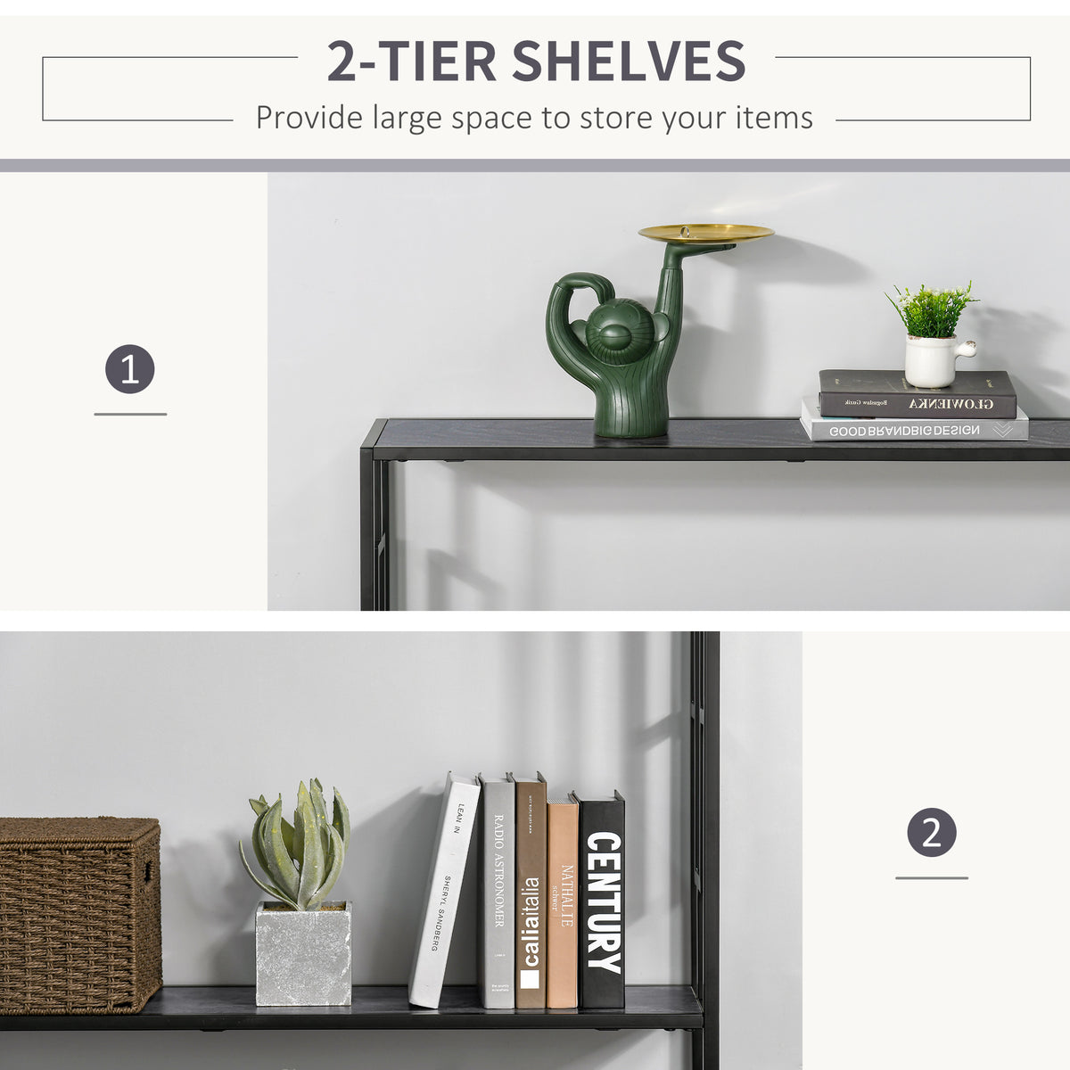 Console table with two storage shelves and dark wood-look surfaces