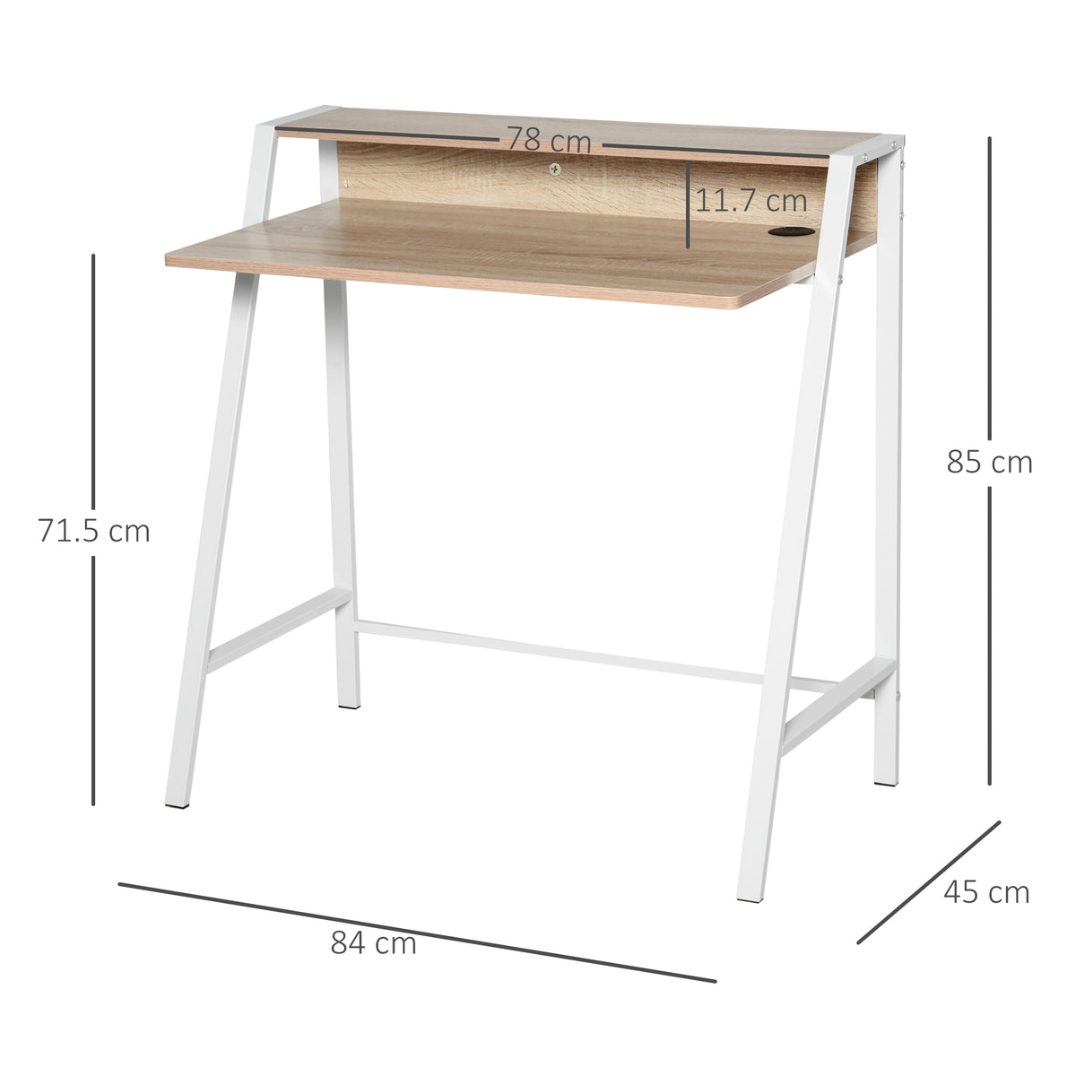 White and oak-look desk with dimensions of 84 by 45 by 85 cm