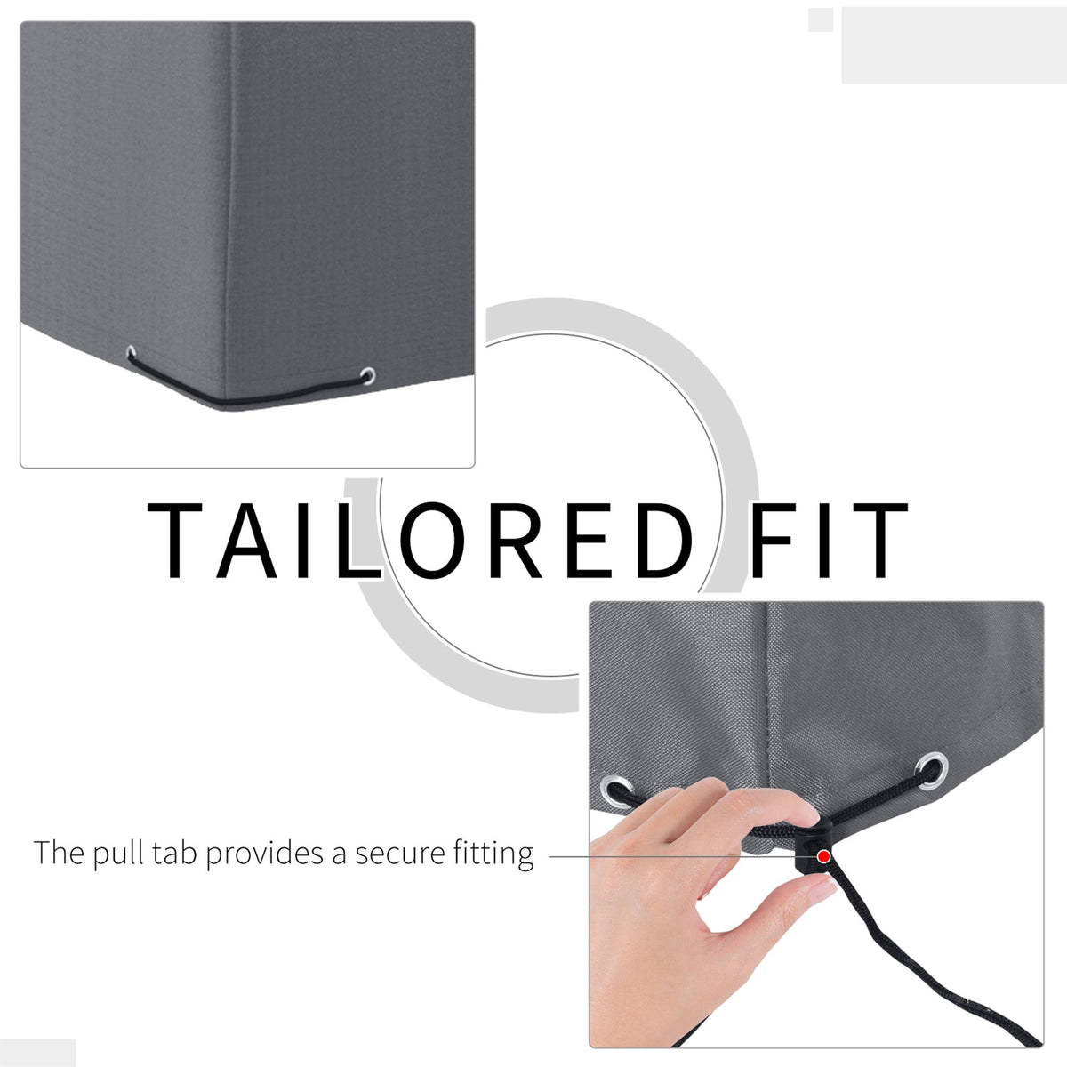 Grey furniture cover corner with metal eyelets and a pull-tab fastening.
