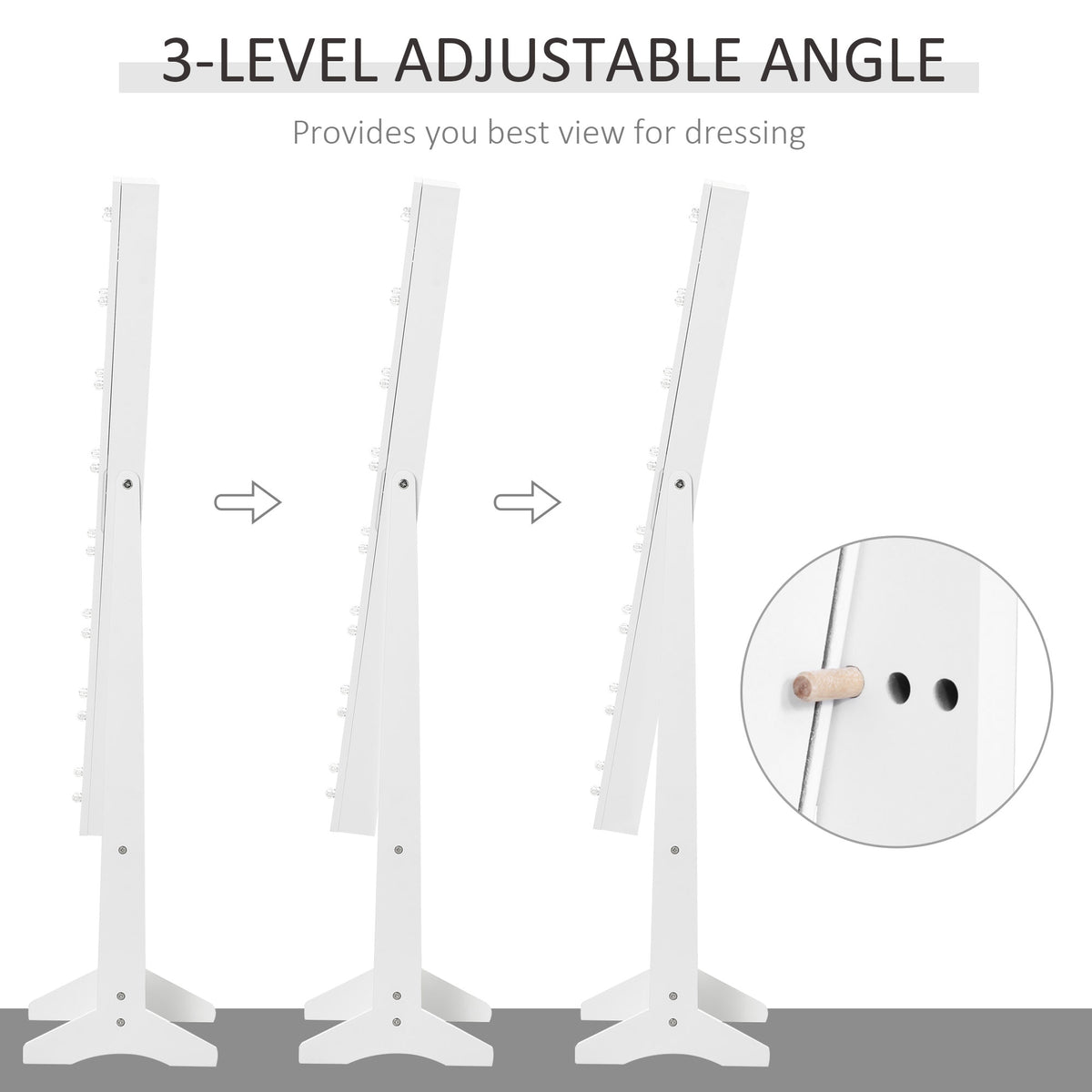 White jewelry cabinet on a floor stand, shown at three adjustable angles.