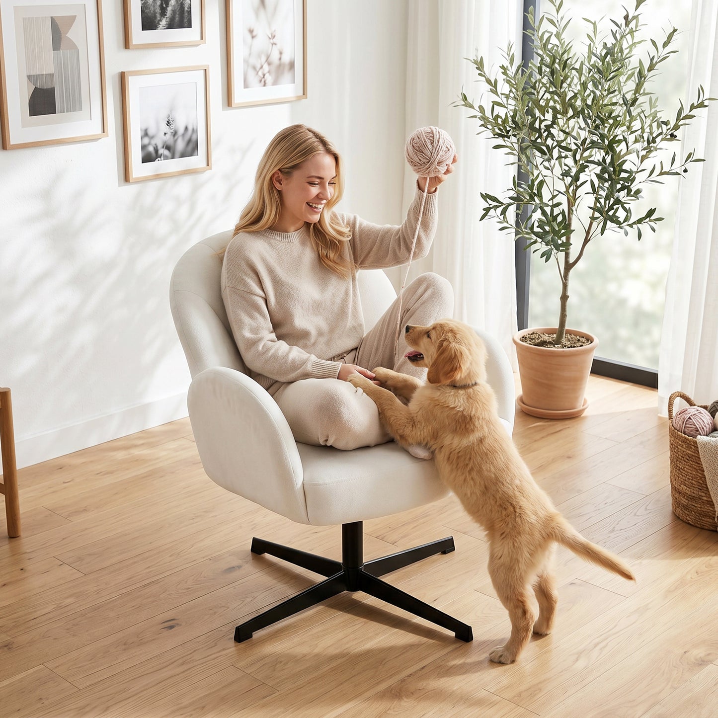HOMCOM Swivel Accent Chair, Shell-Shaped Armchair with Spring Cushion, Metal Base, Cream White