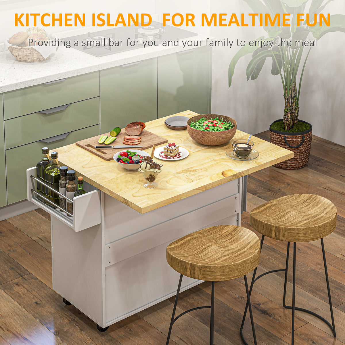 Rolling kitchen island with wood drop-leaf top set up as a dining counter