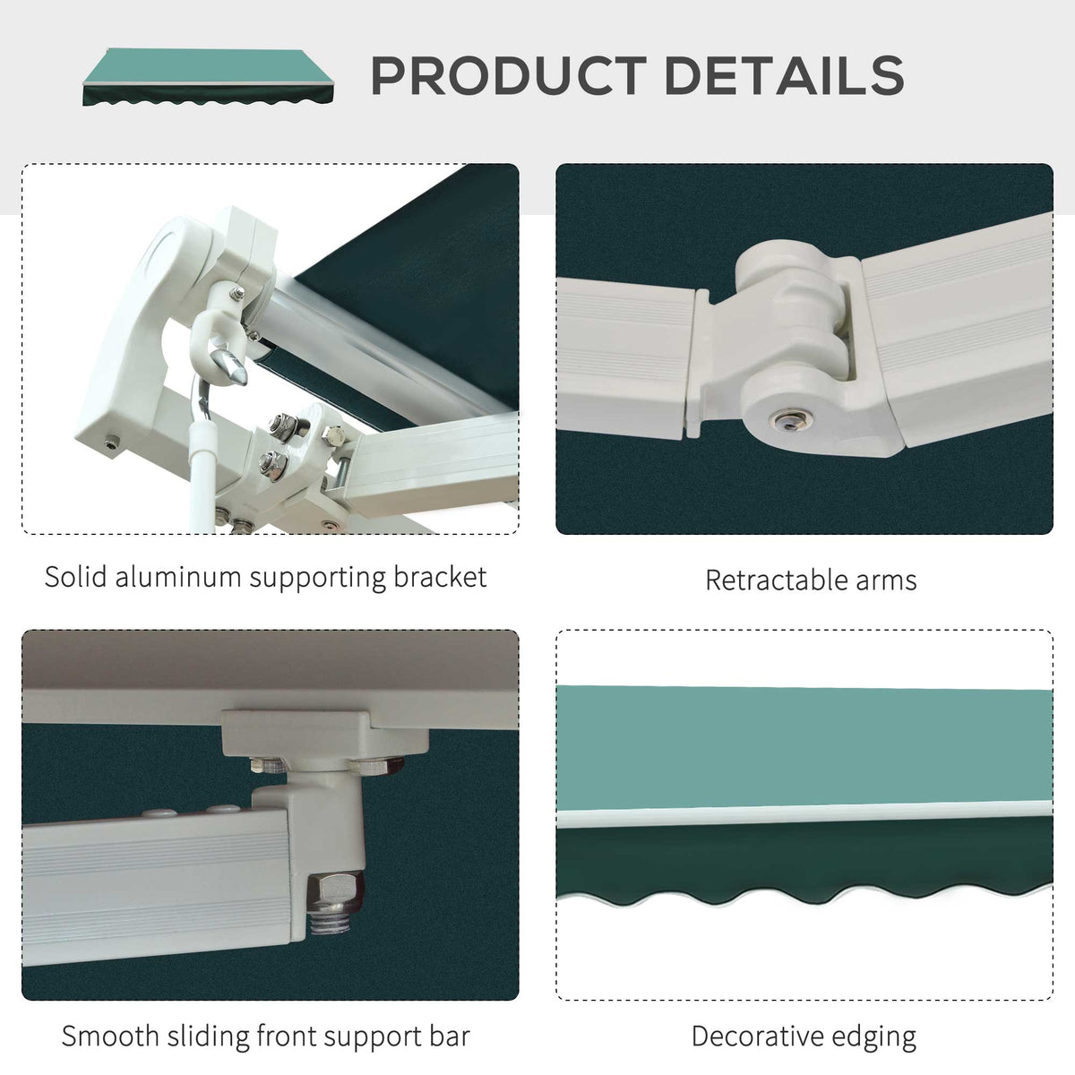 Retractable awning hardware details, including aluminum bracket, arms, support bar and valance