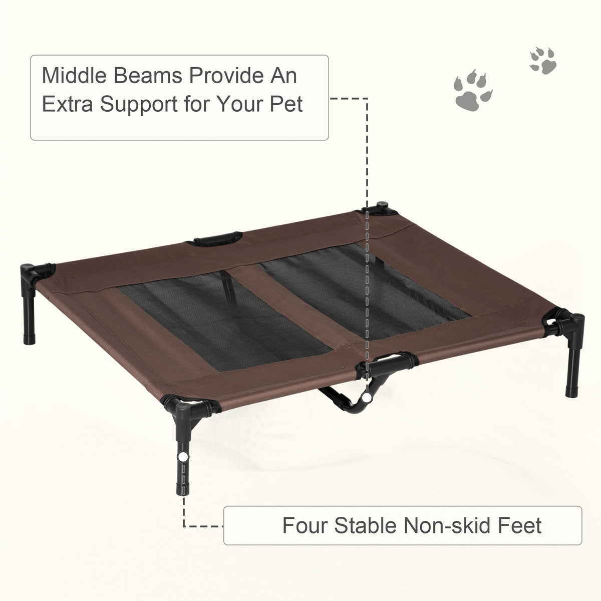 Brown elevated mesh pet cot with central support beams and four non-skid feet