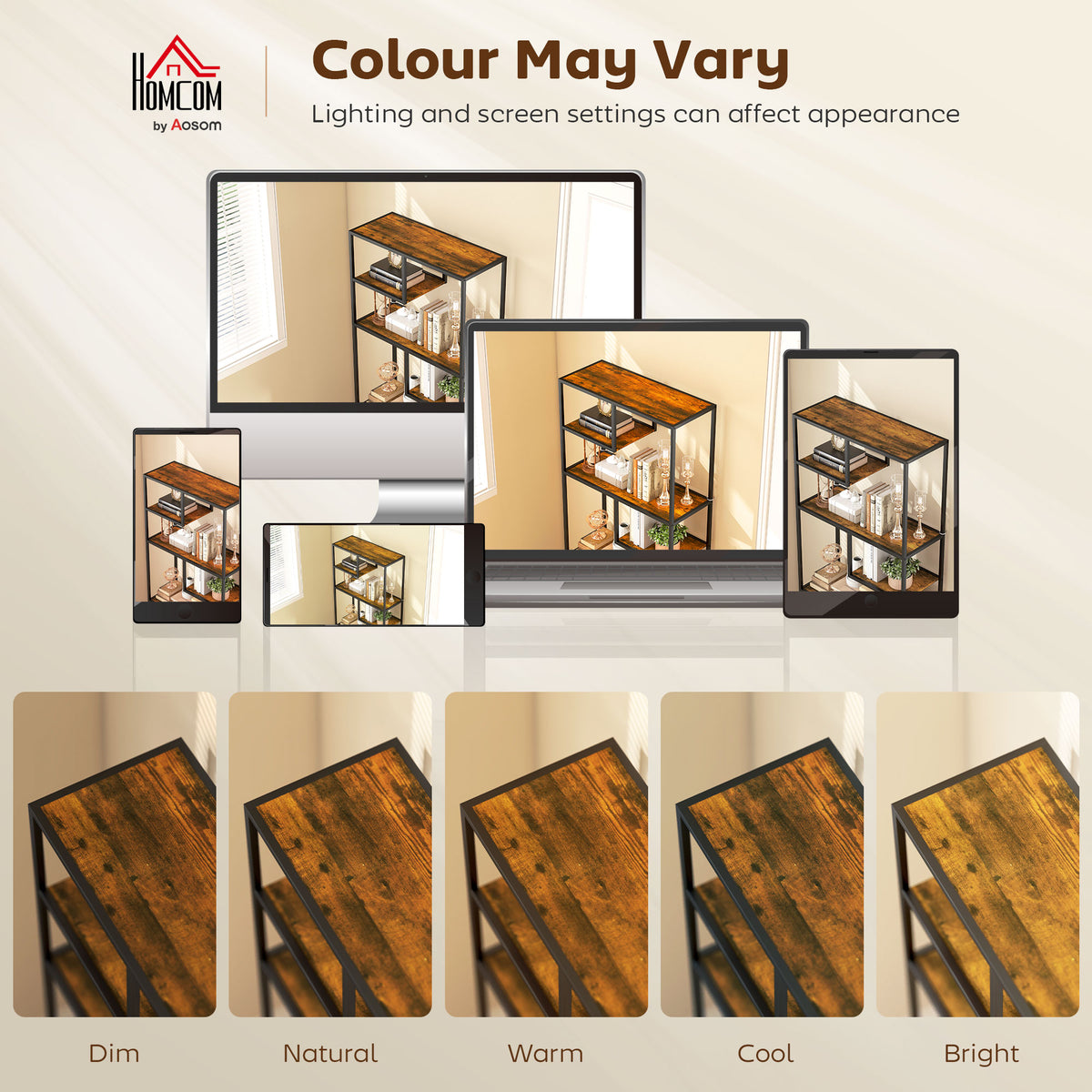 HOMCOM bookcase with rustic brown shelves shown under different lighting conditions