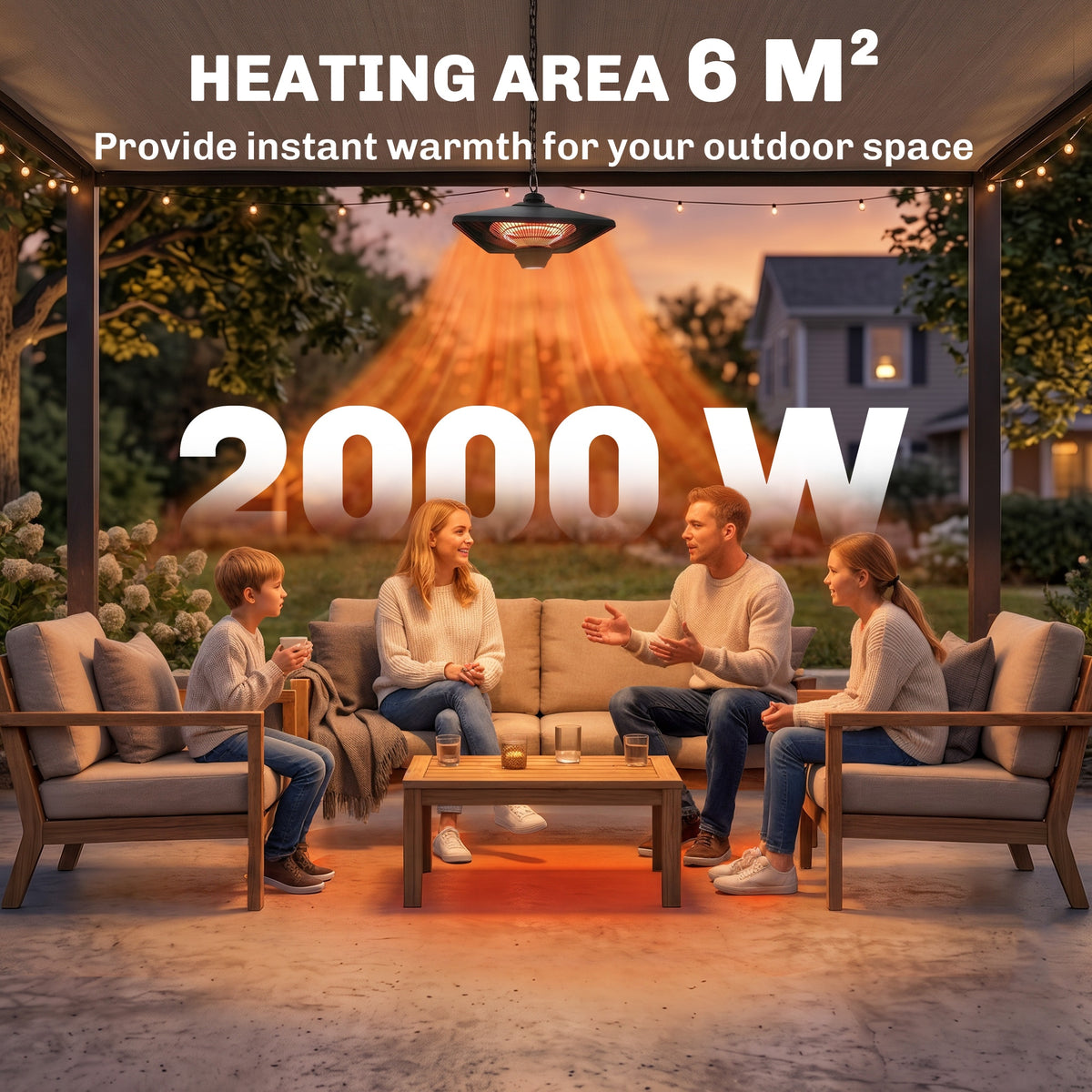 Hanging patio heater warming an outdoor seating area