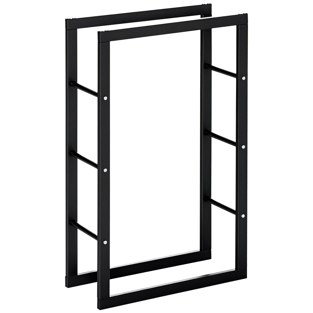 Black metal firewood rack frame shown as two rectangular side sections.