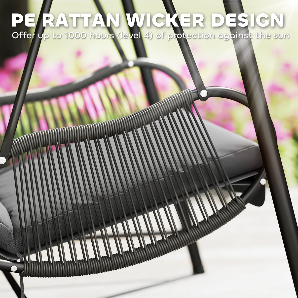 Close-up of dark rattan wicker seat and cushion on the swing chair