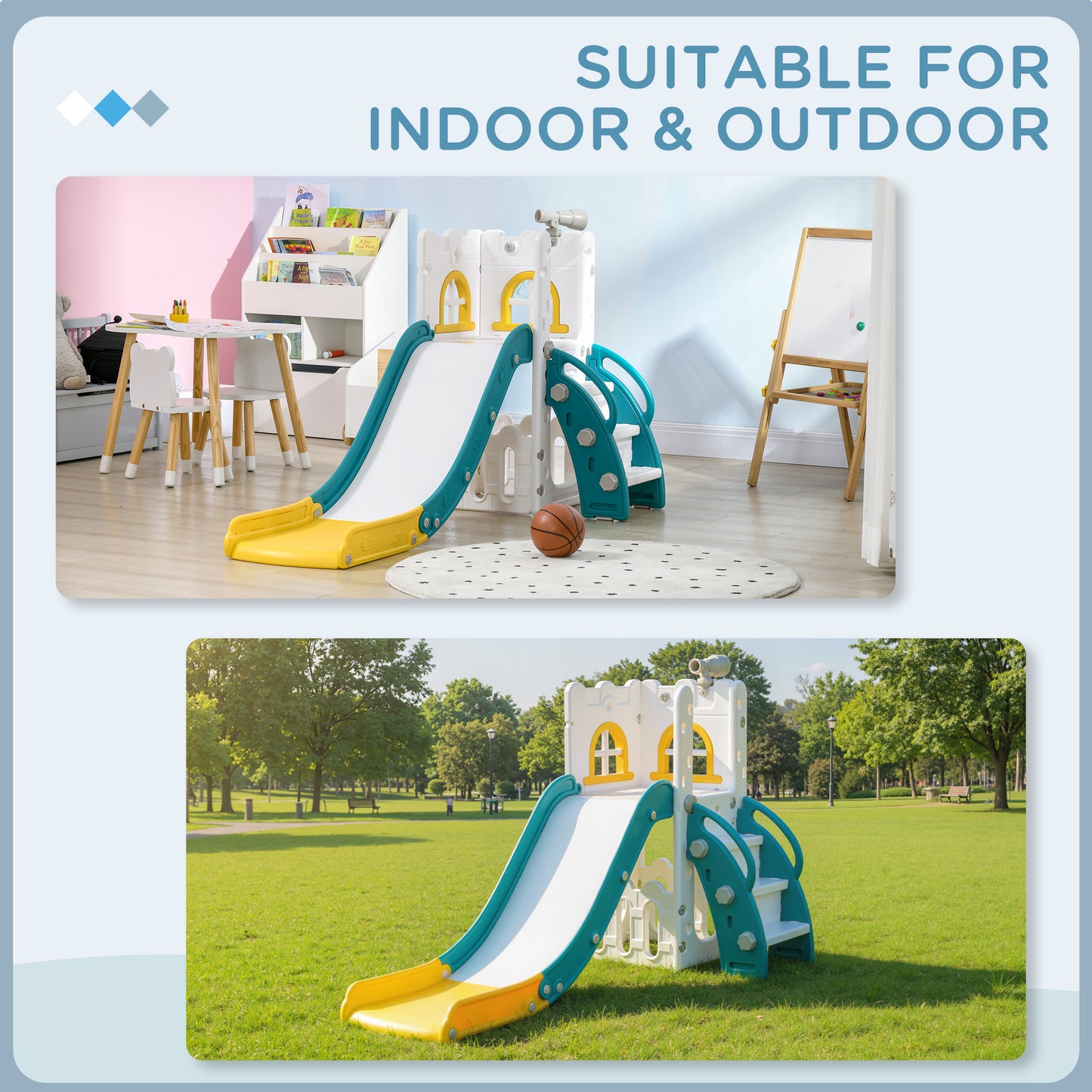 AIYAPLAY 5 in 1 Toddler Slide with Basketball Hoop, Climber, Telescope, Storage Basket, for Ages 1-3 Years, Yellow