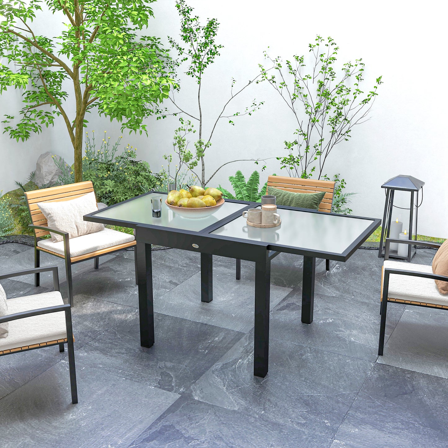 Outsunny Extending Garden Table, Outdoor Dining Table with Aluminium Frame and Tempered Glass Tabletop, 80/160 x 80 x 75 cm, Black and Clear