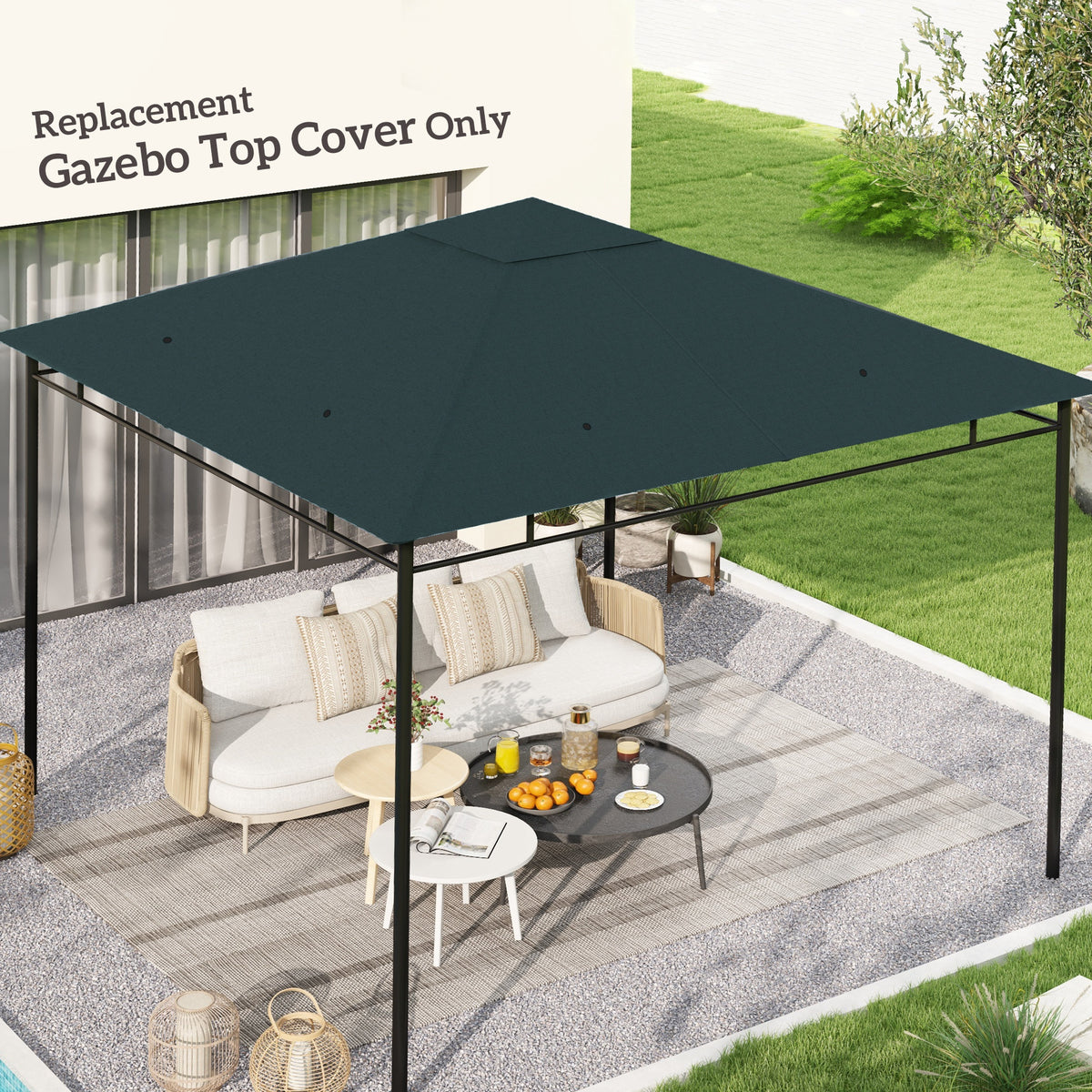 Charcoal green replacement gazebo roof fitted on a garden frame.