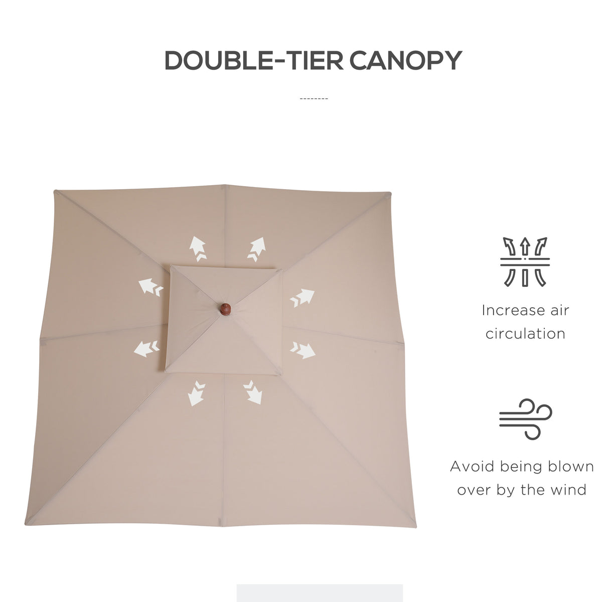 Top view of beige double-tier patio parasol canopy with vented layers