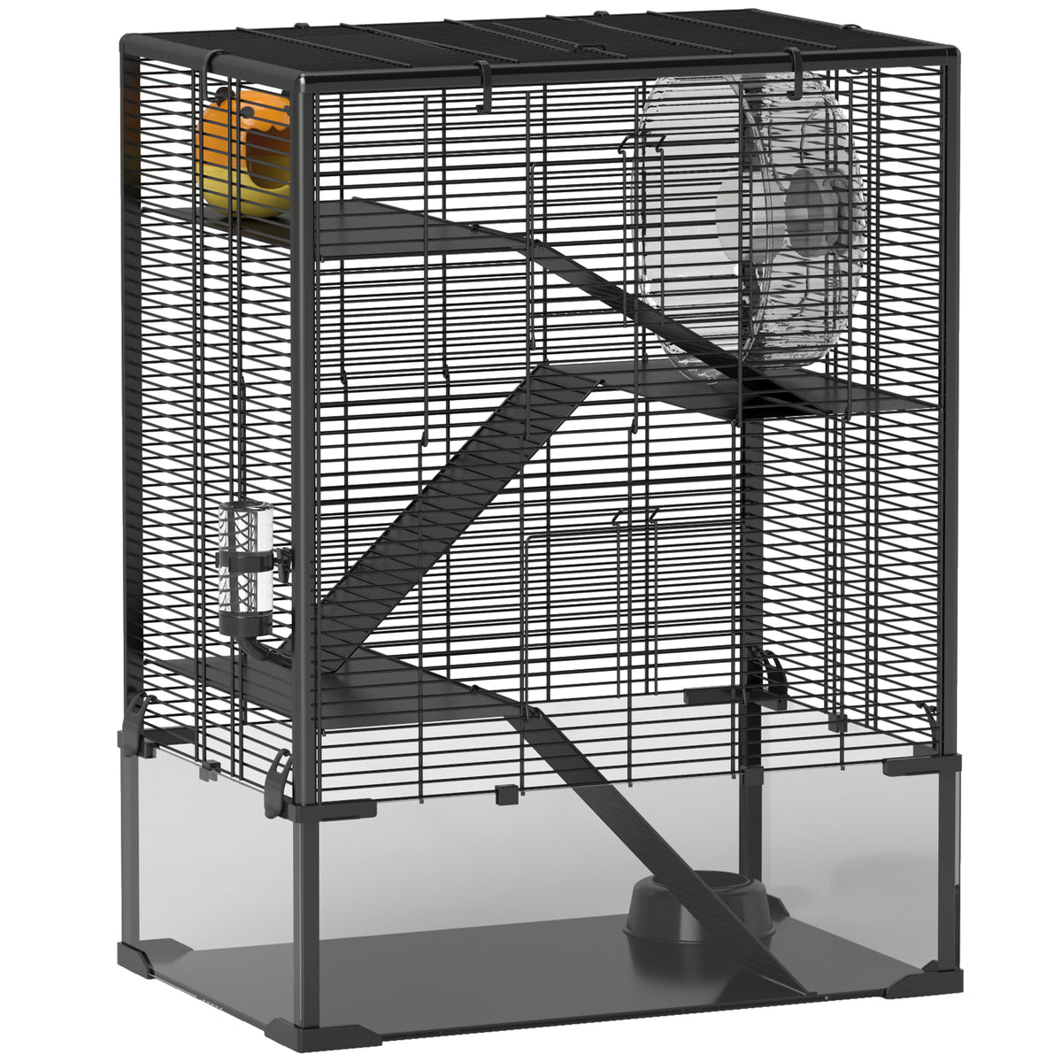 PawHut four-tier hamster cage with black wire frame, deep glass base, ramps, wheel and accessories