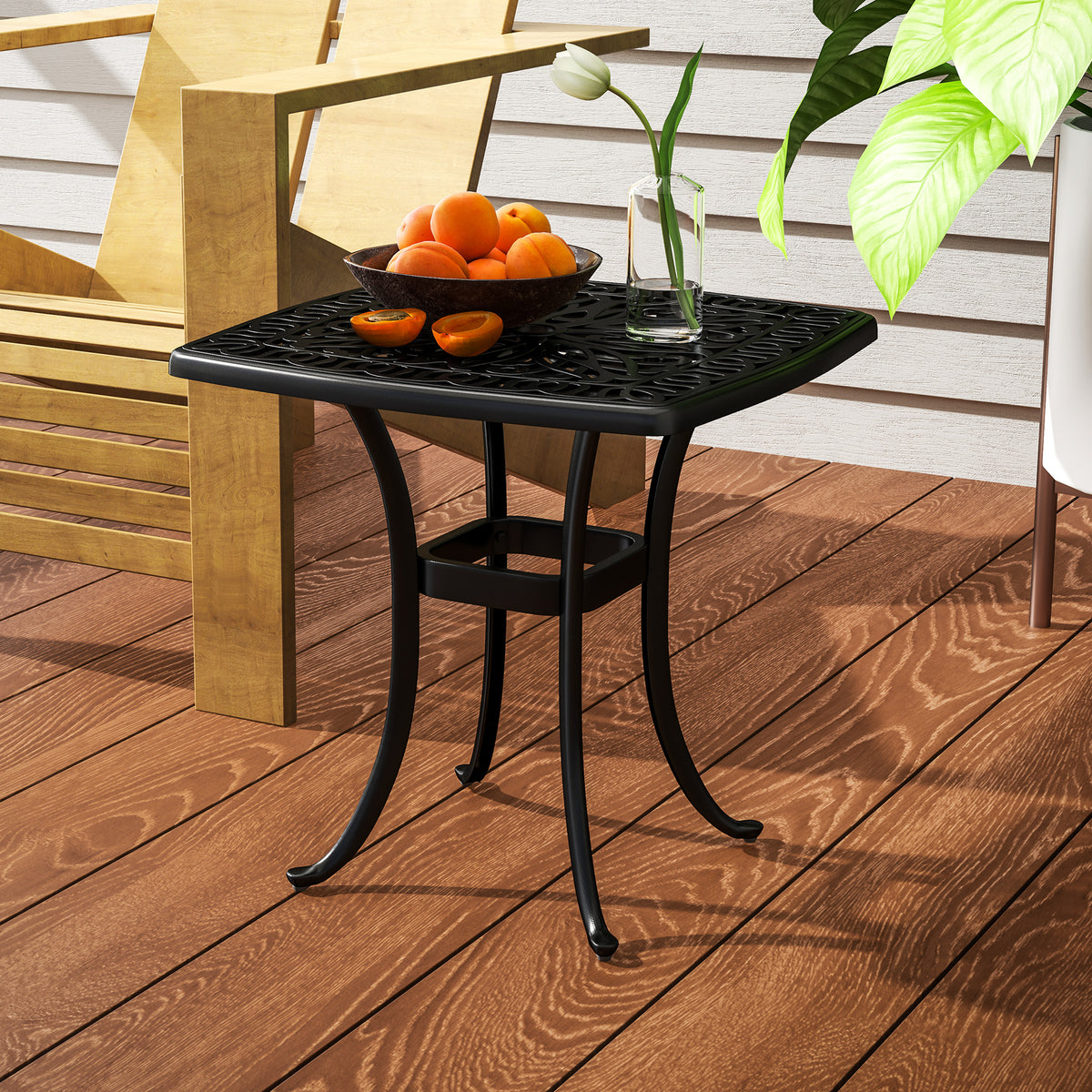 Outsunny Outdoor Garden Table, Cast Aluminium Patio End Table with Umbrella Hole and Anti-slip Foot Pads for Garden, Patio, Balcony, 54 x 54 cm, Black
