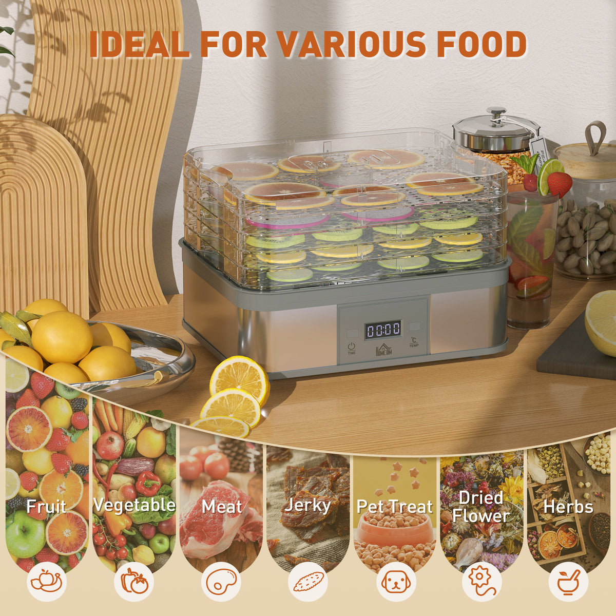 HOMCOM food dehydrator drying sliced fruit in clear stackable trays