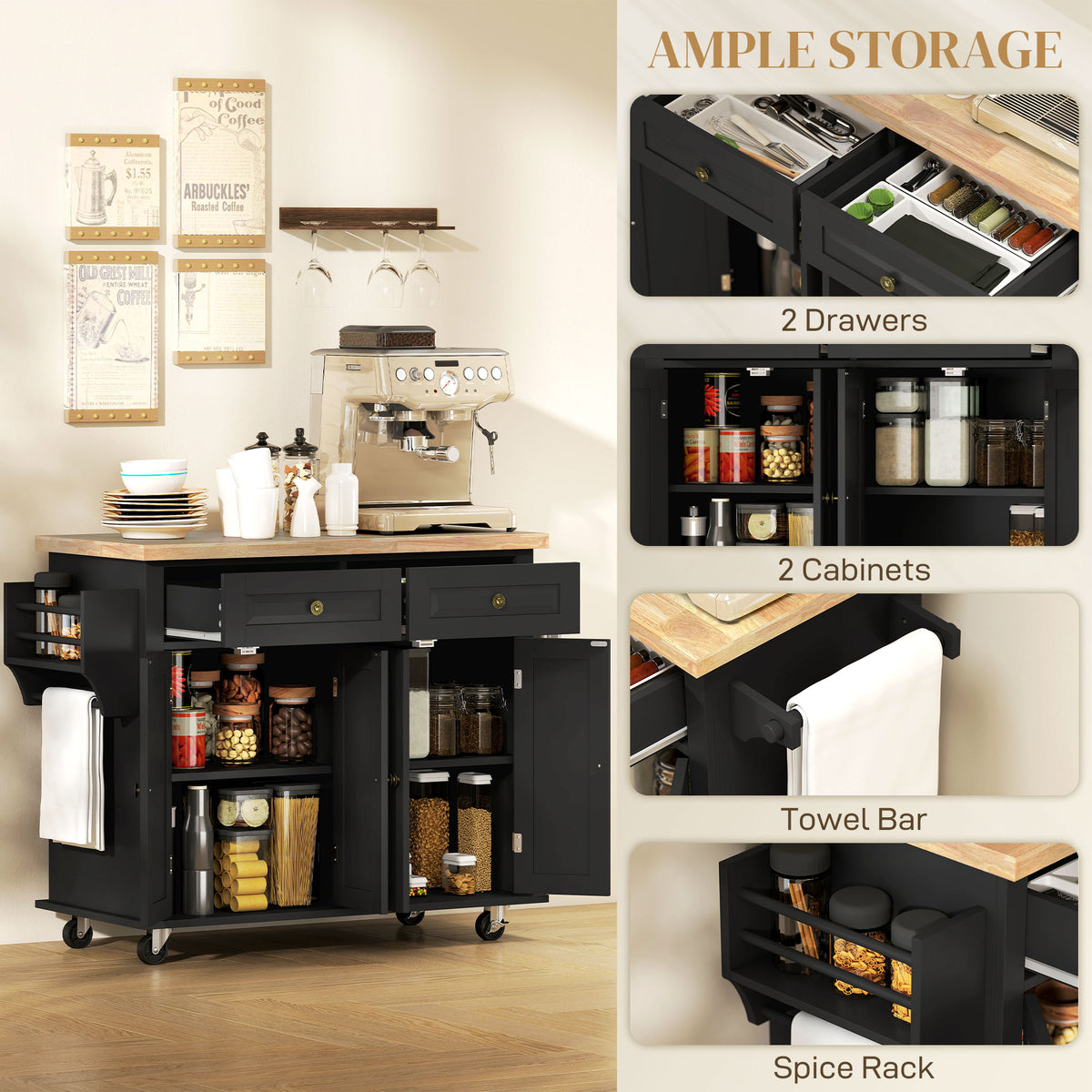 Black kitchen island with two drawers, two storage cabinets, adjustable shelves and side racks