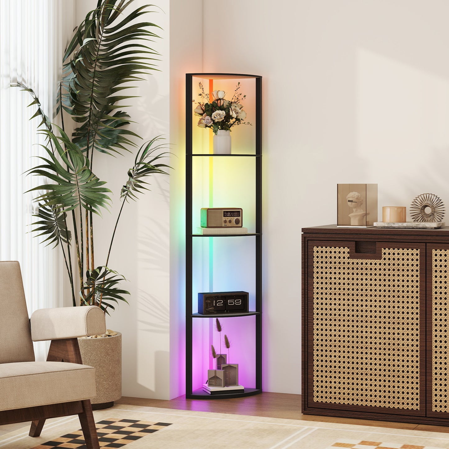 HOMCOM RGB LED Floor Lamp with Shelves, 4-Tier Dimmable Standing Lamp with Remote Control, Black