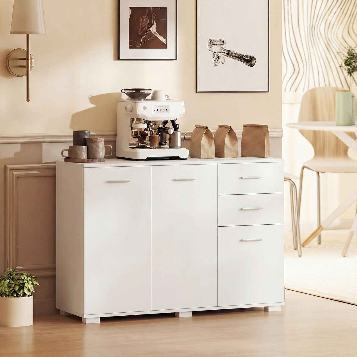 HOMCOM Sideboard, Modern Storage Cabinet with 2 Drawers, 3 Doors and Adjustable Shelves, White