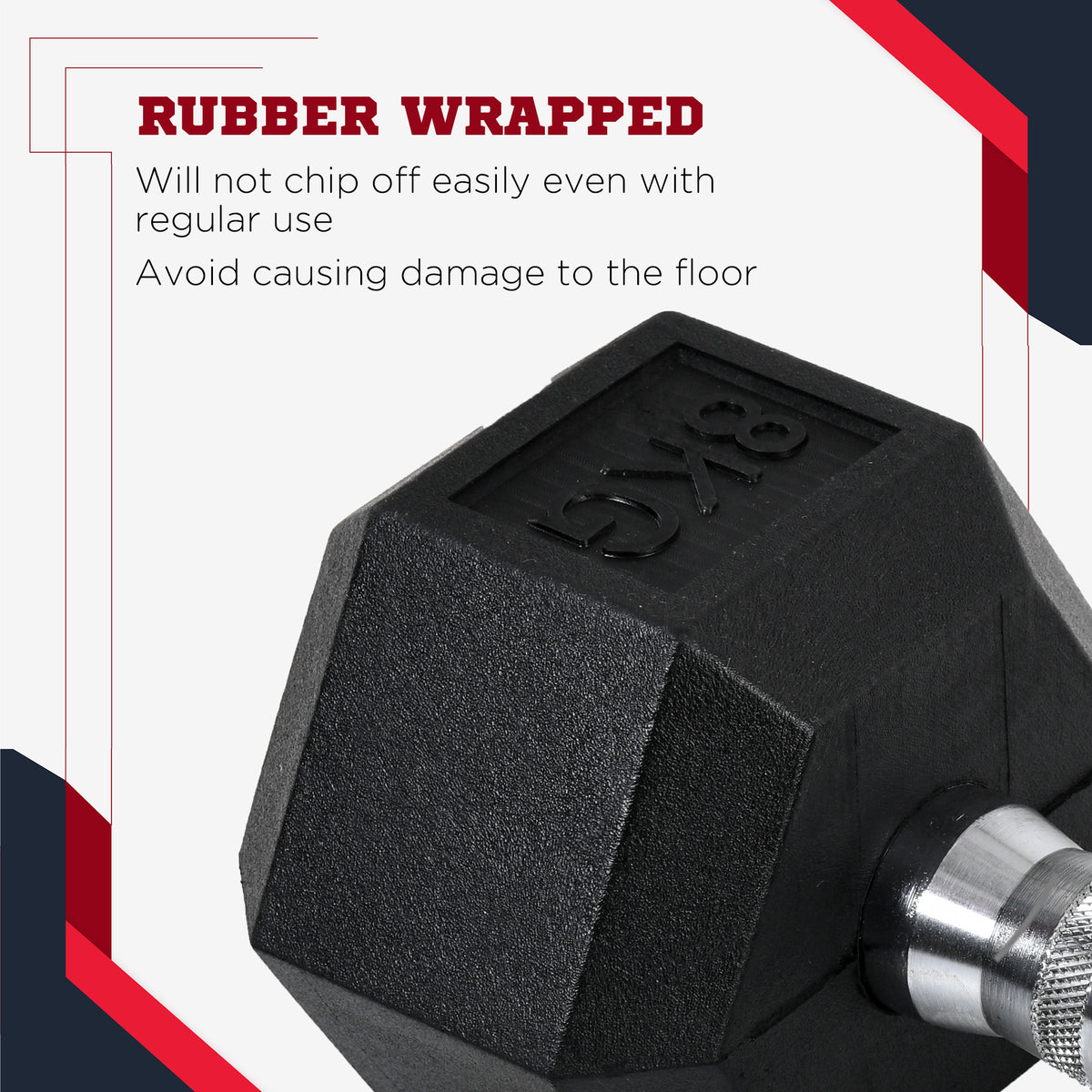 Close-up of a rubber-coated 8 kg hex dumbbell head