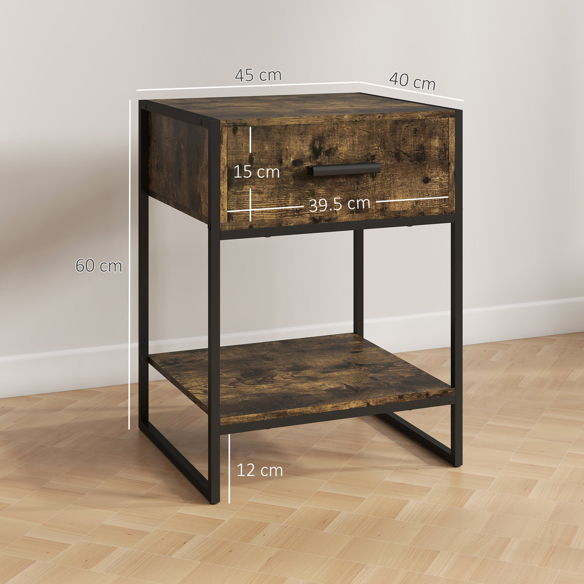 Bedside table with drawer and lower shelf, shown with dimensions