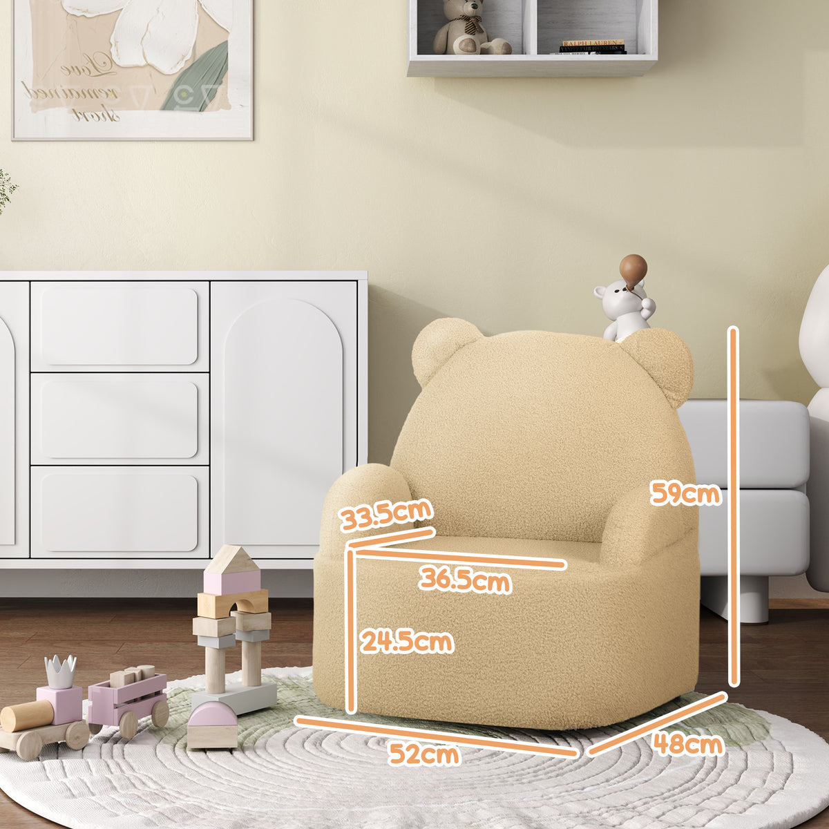 Khaki bear-shaped toddler armchair with seat and overall dimensions labeled