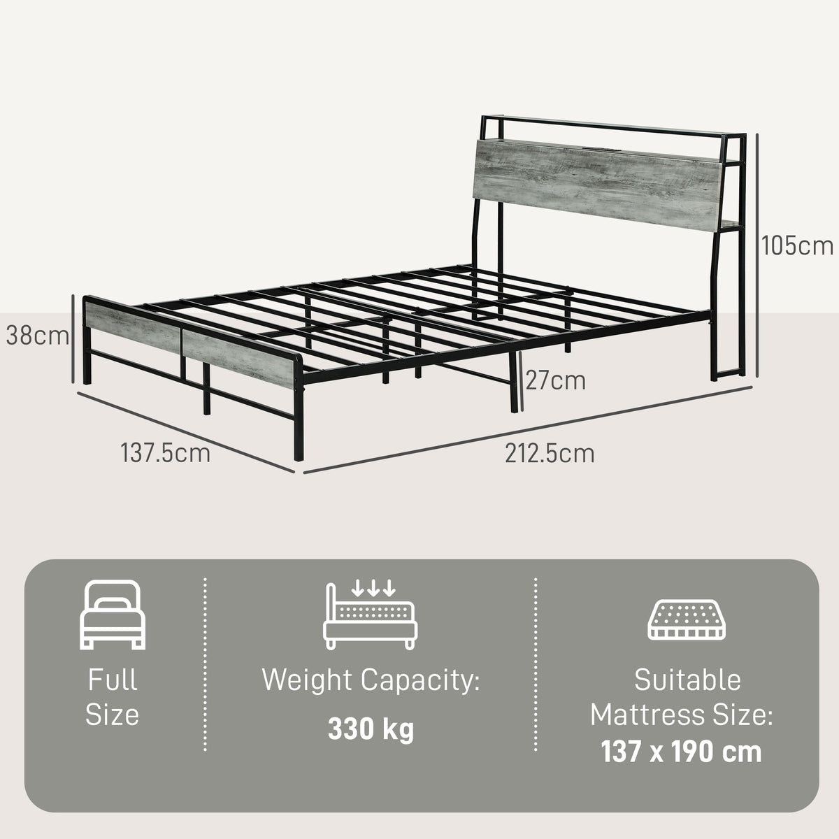 HOMCOM full bed frame with dimensions, 330 kg capacity and 137 x 190 cm mattress size