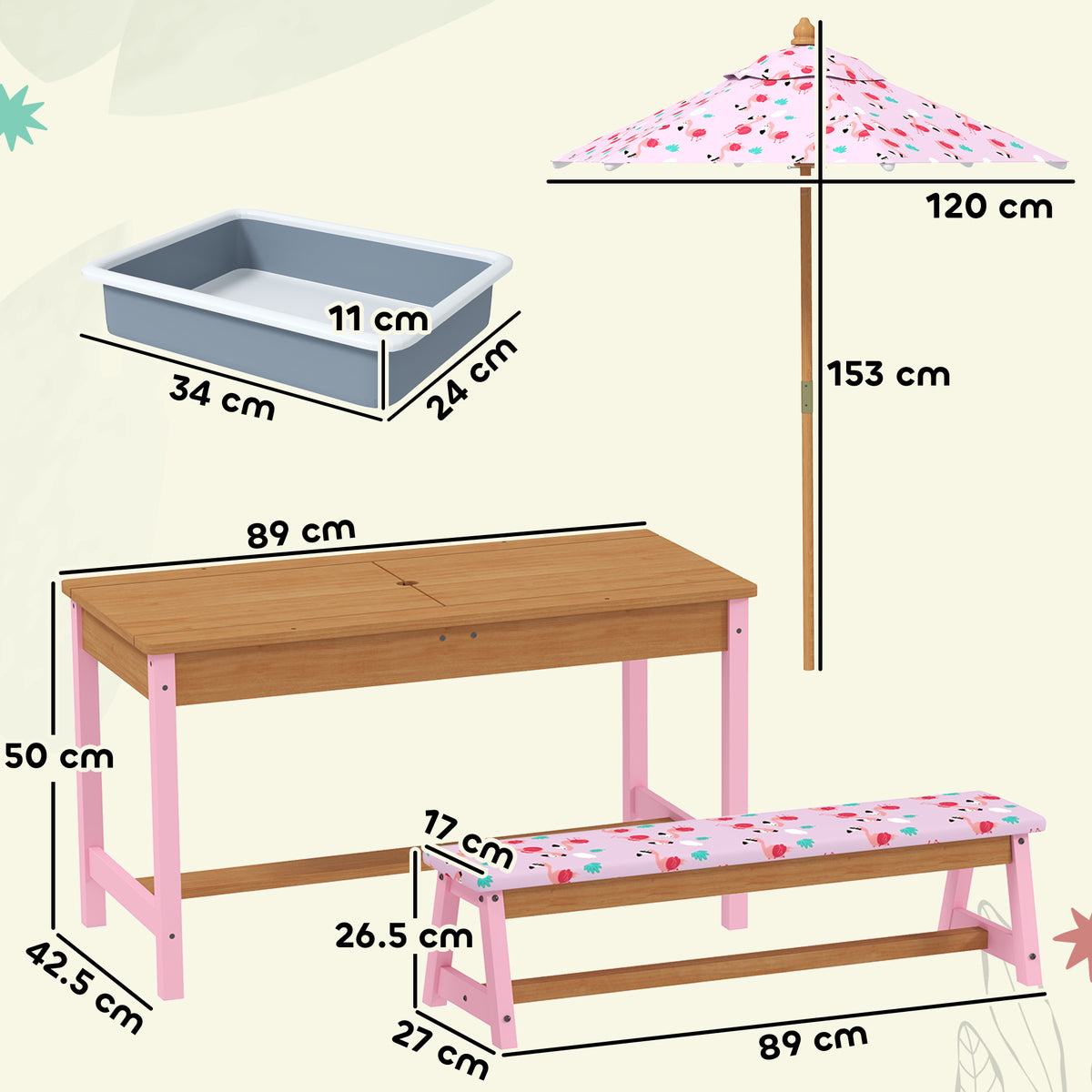 AIYAPLAY kids table set with umbrella, two printed benches, and removable storage trays