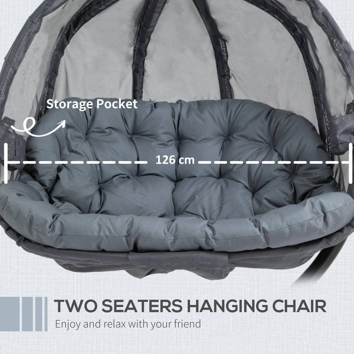 Outsunny Double Hanging Egg Chair 2 Seaters Texteline Swing Hammock Chair with Folding Design, Grey