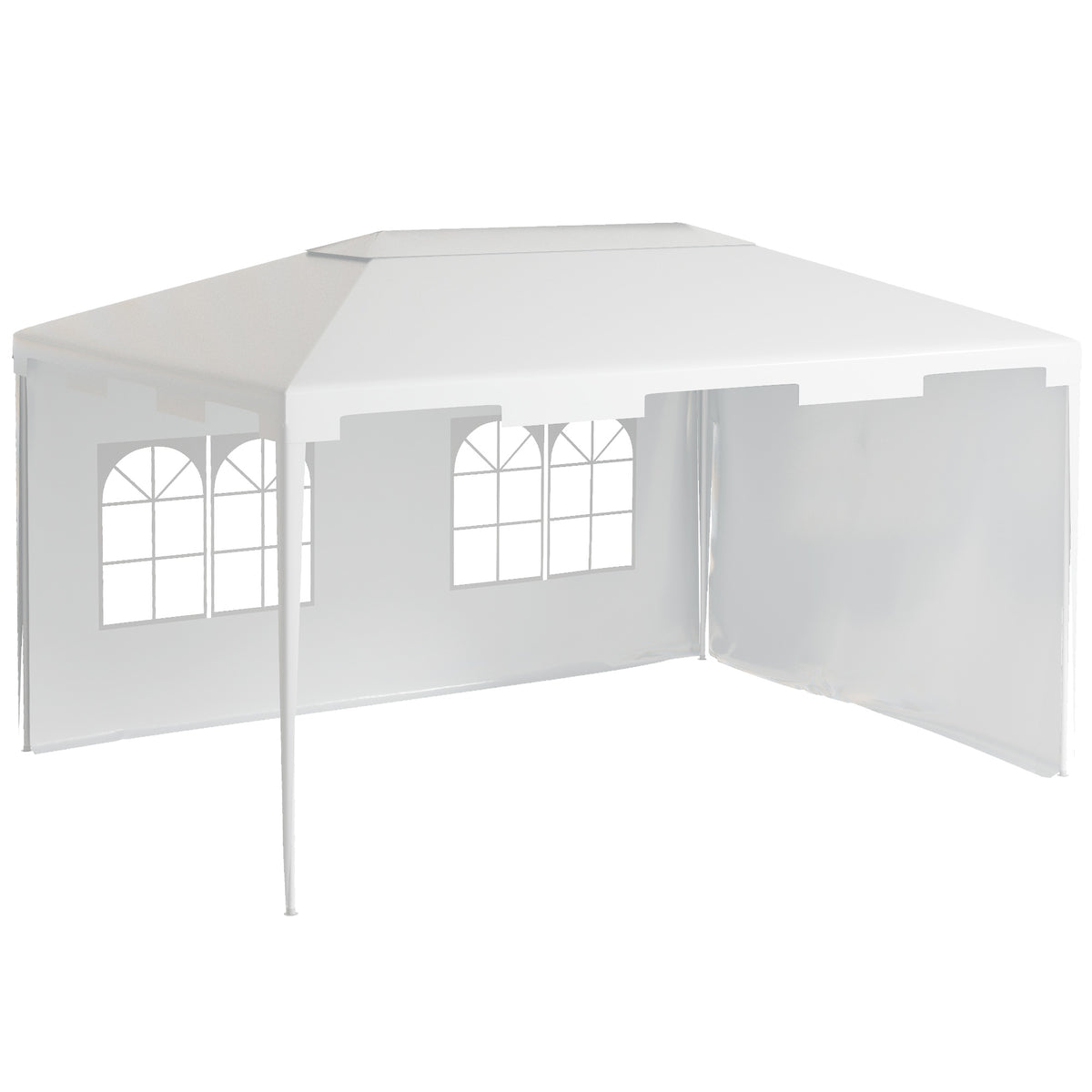 White garden gazebo with peaked roof, two windowed sidewalls, and one solid sidewall