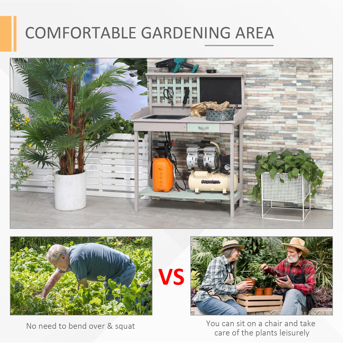 HOMCOM potting table with sink, drawer and lower shelf, shown set up for gardening