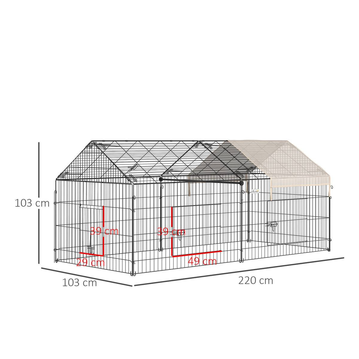 PawHut metal rabbit run with beige cover and dimension markings