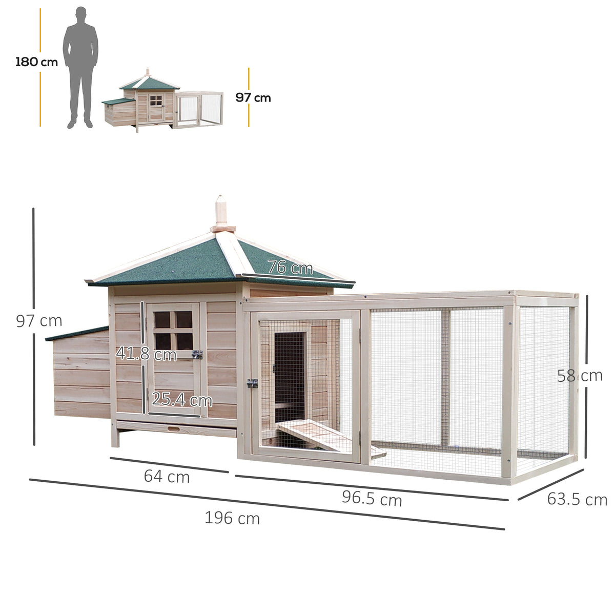 Wooden chicken coop and wire run with dimensions marked