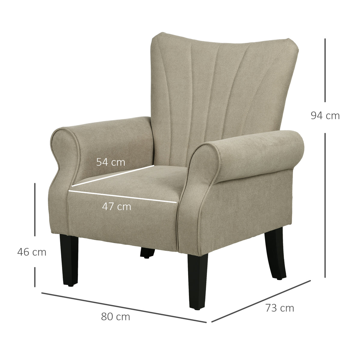 Beige upholstered accent chair with rolled arms, a high back, black wood legs and dimension labels.