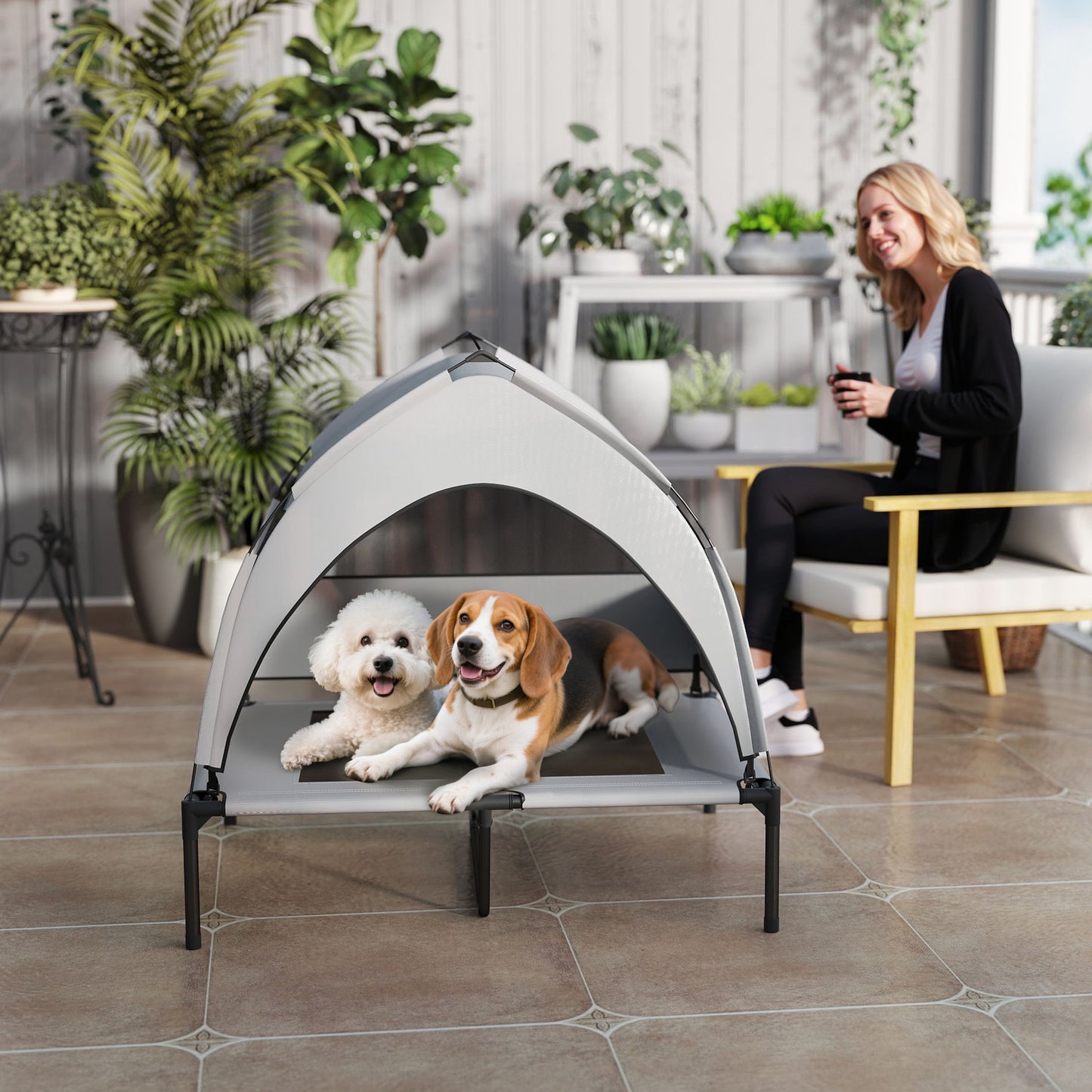 PawHut Portable Elevated Dog Bed with Removable Canopy, Cooling Raised Pet Cot for Medium Large Dogs, 92 x 75 x 85 cm