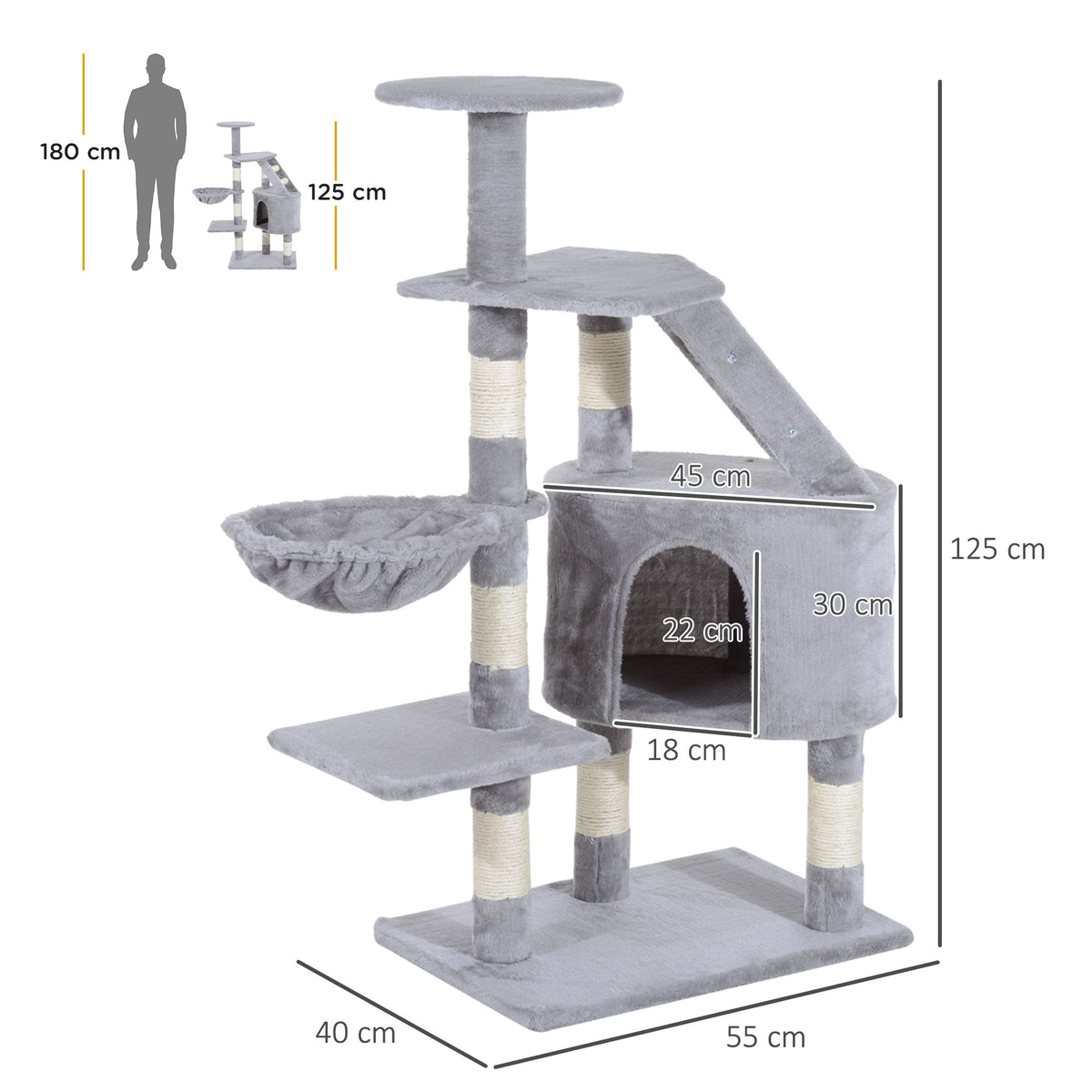 PawHut gray cat tree with labeled dimensions, plush basket, condo, ladder, and sisal posts