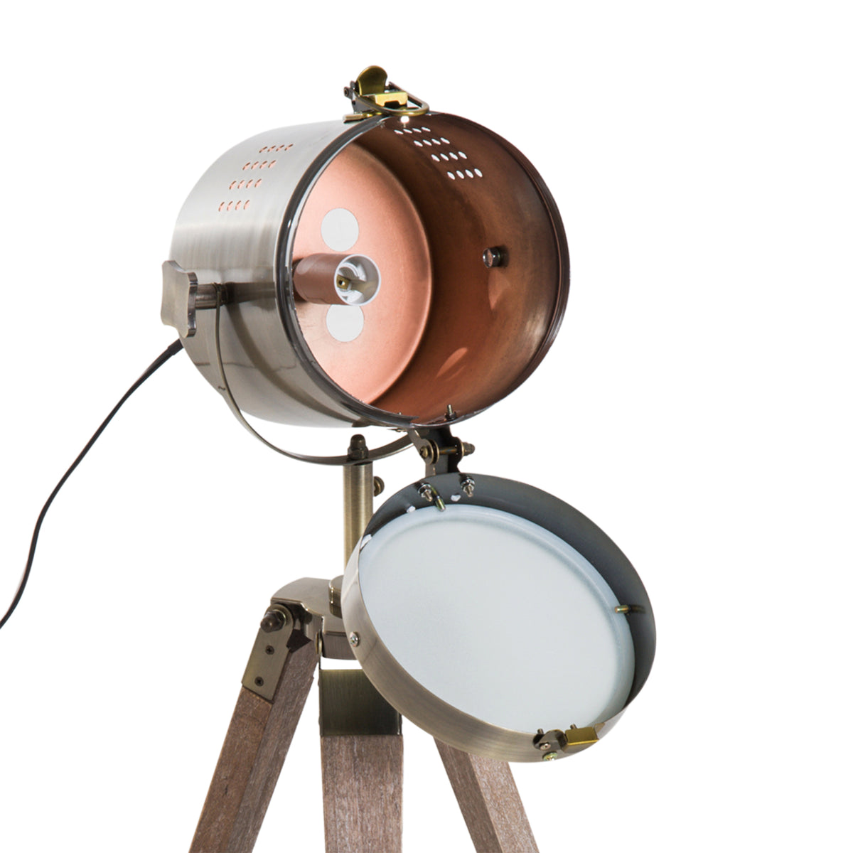 HOMCOM lamp spotlight head shown open, revealing its bulb socket and hinged front cover