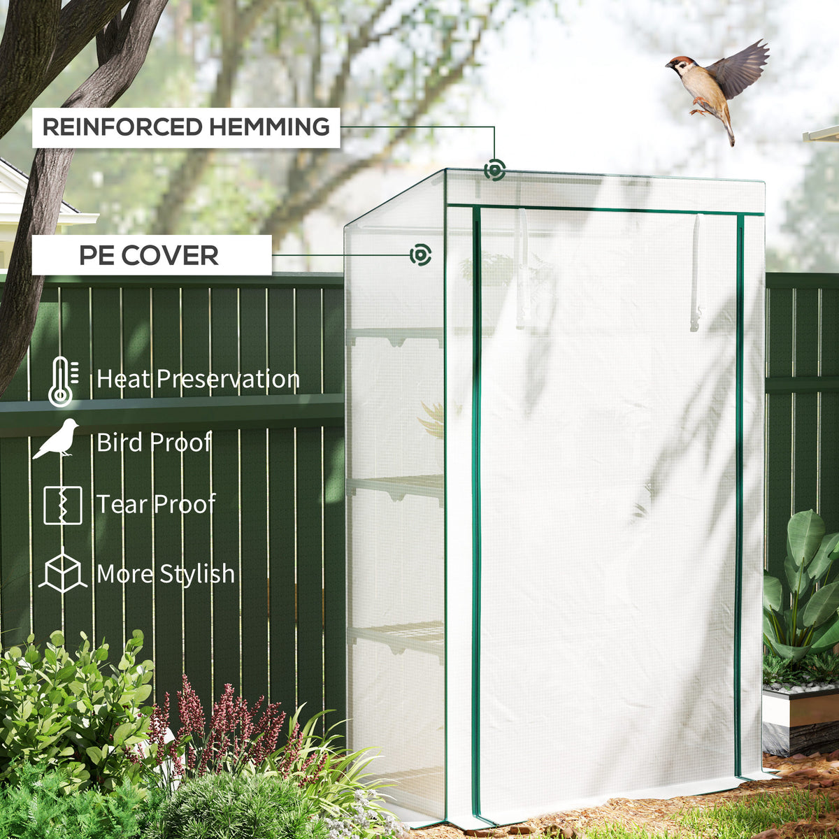 Outsunny mini greenhouse with white PE cover and reinforced edging