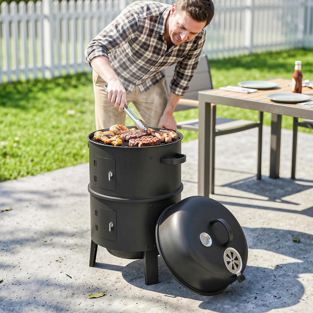 Outsunny 3-in-1 Vertical Charcoal Smoker with 2 Grill Grates, Built-in Thermometer, Adjustable Vent, 2 Doors