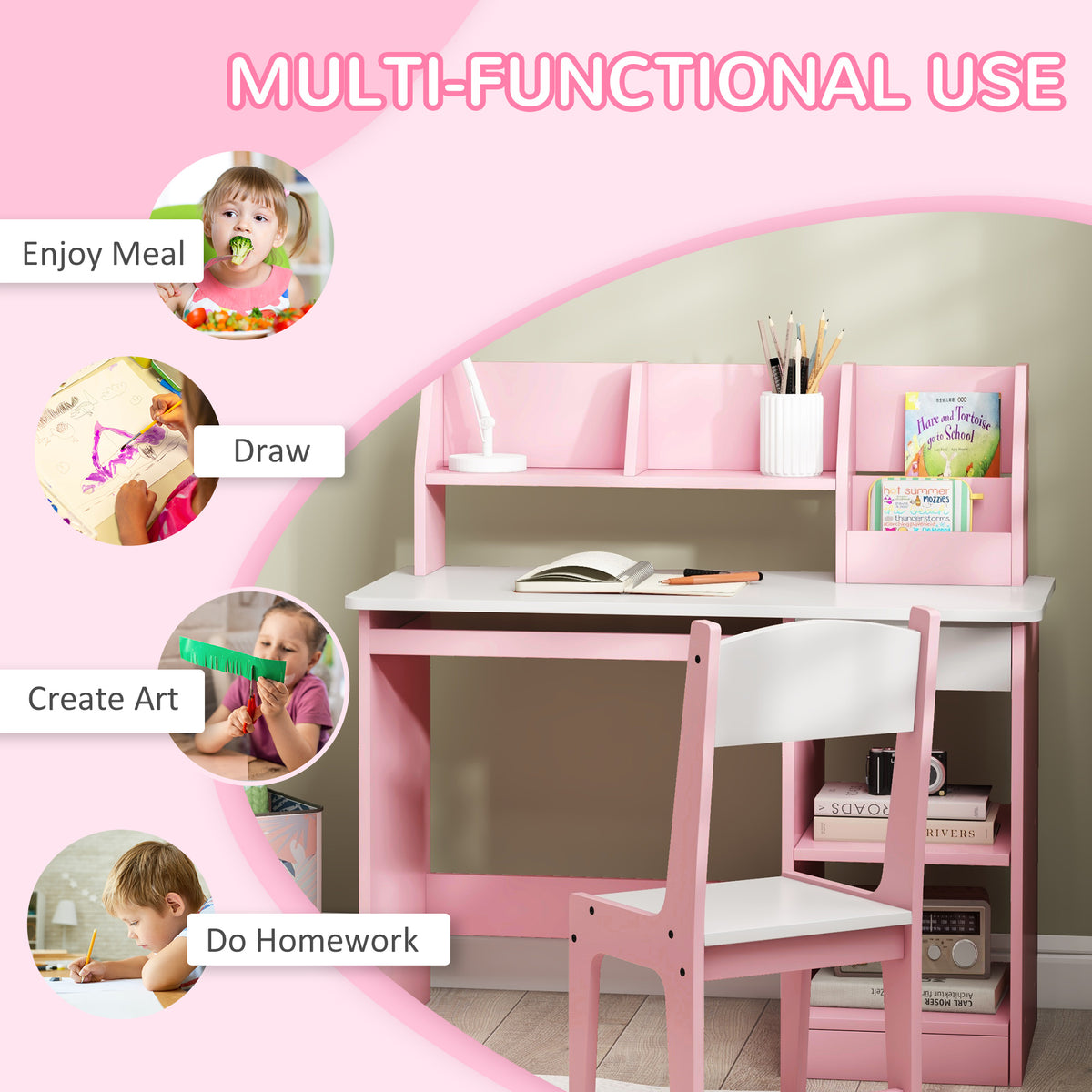 Pink kids' desk and chair set with hutch storage, shown for drawing and homework
