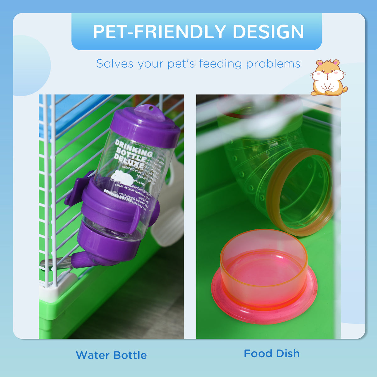 PawHut hamster cage accessories: purple water bottle and pink food dish.