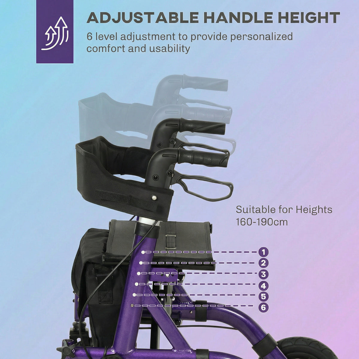 HOMCOM purple rollator with six adjustable handle height settings