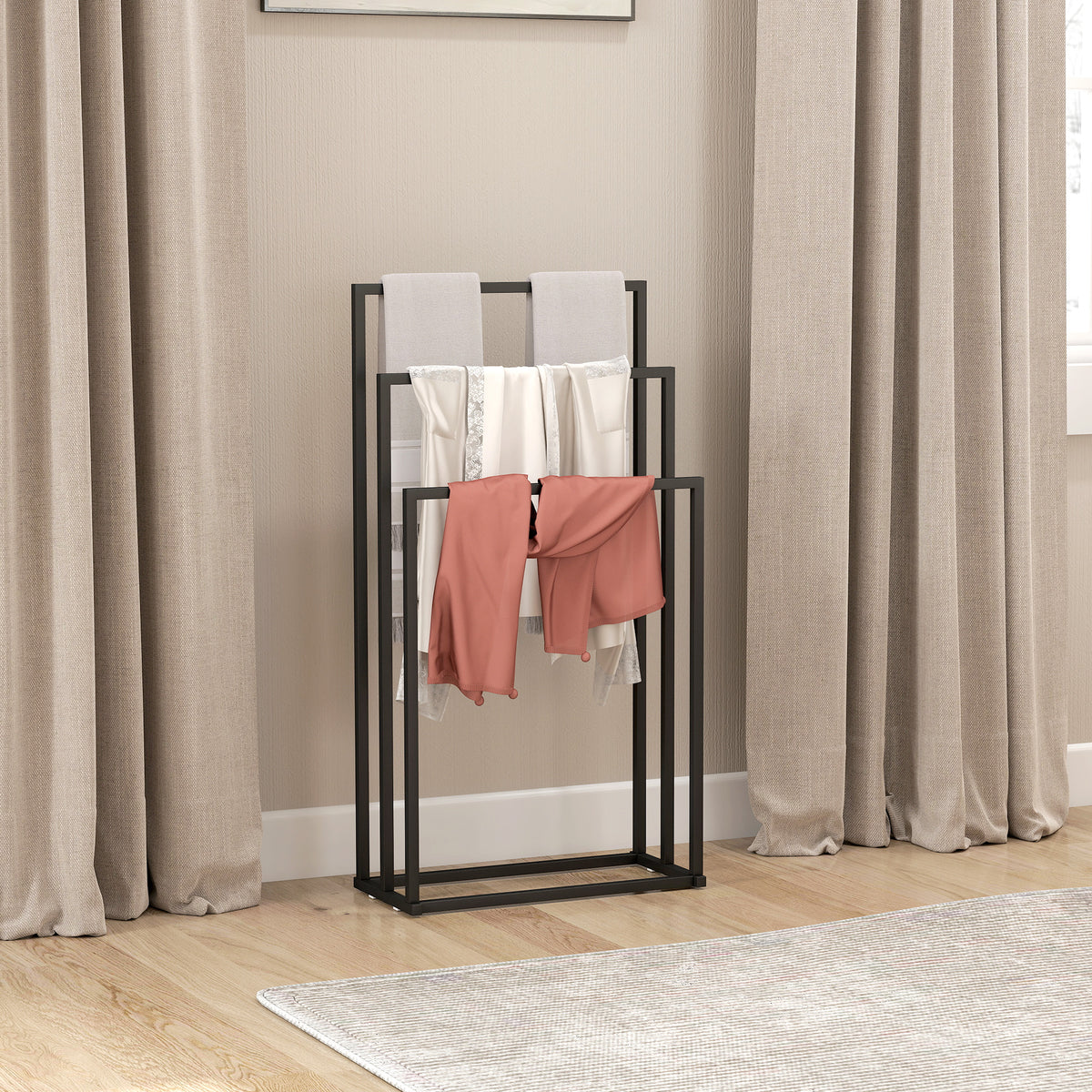 HOMCOM Freestanding Towel Rack, Steel Towel Rail Holder with 3 Bars, Black
