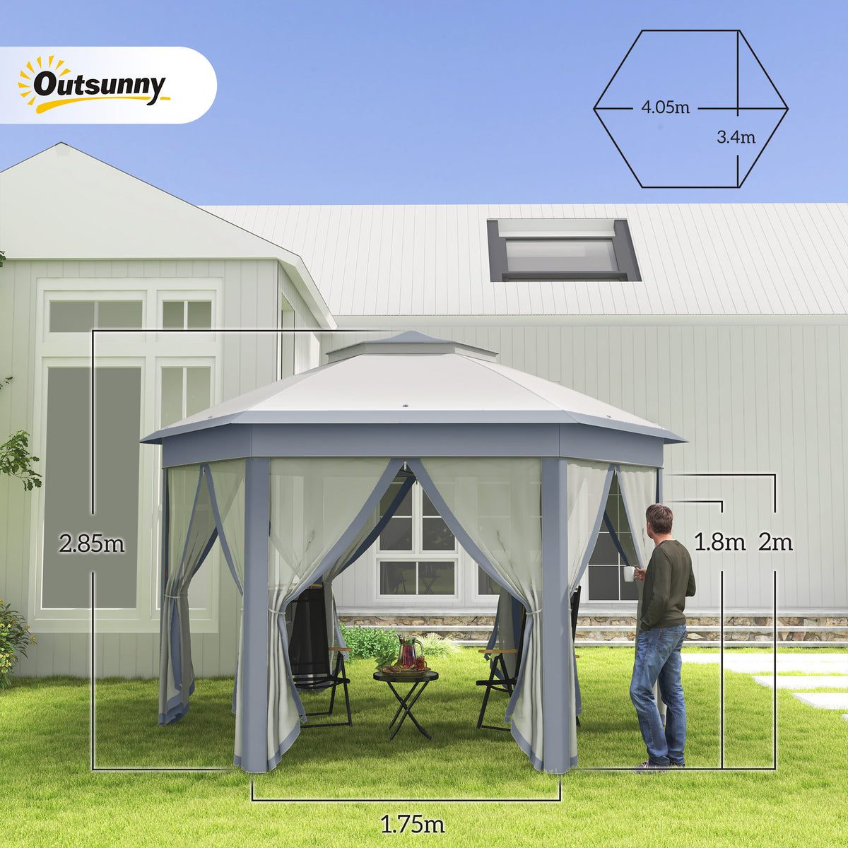Outsunny hexagonal gazebo with curtains shown with dimensions of 4.05 by 3.4 metres